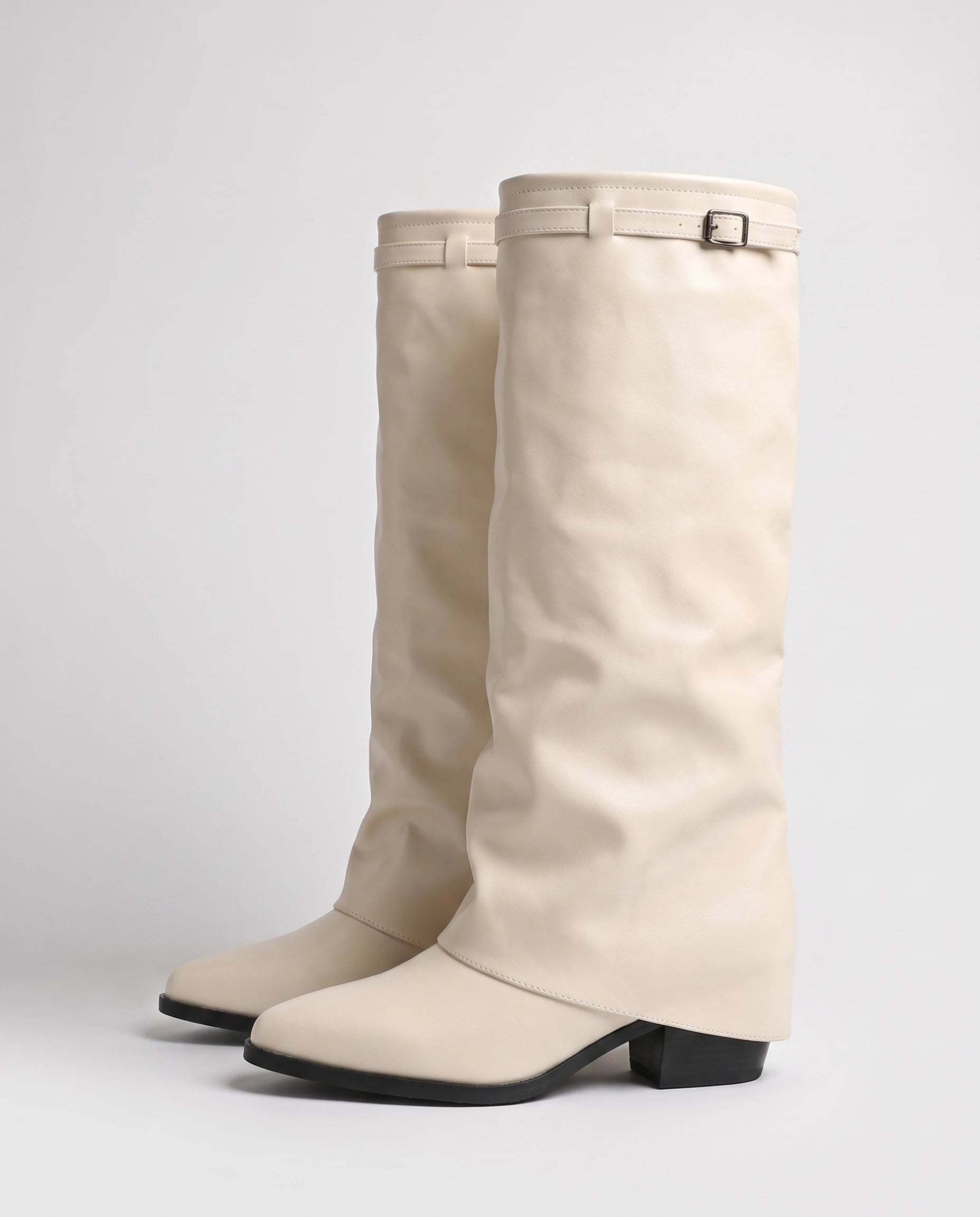 Bottes hautes à revers bouclé effet cuir Ysolde — Crème, packshot vue complémentaire