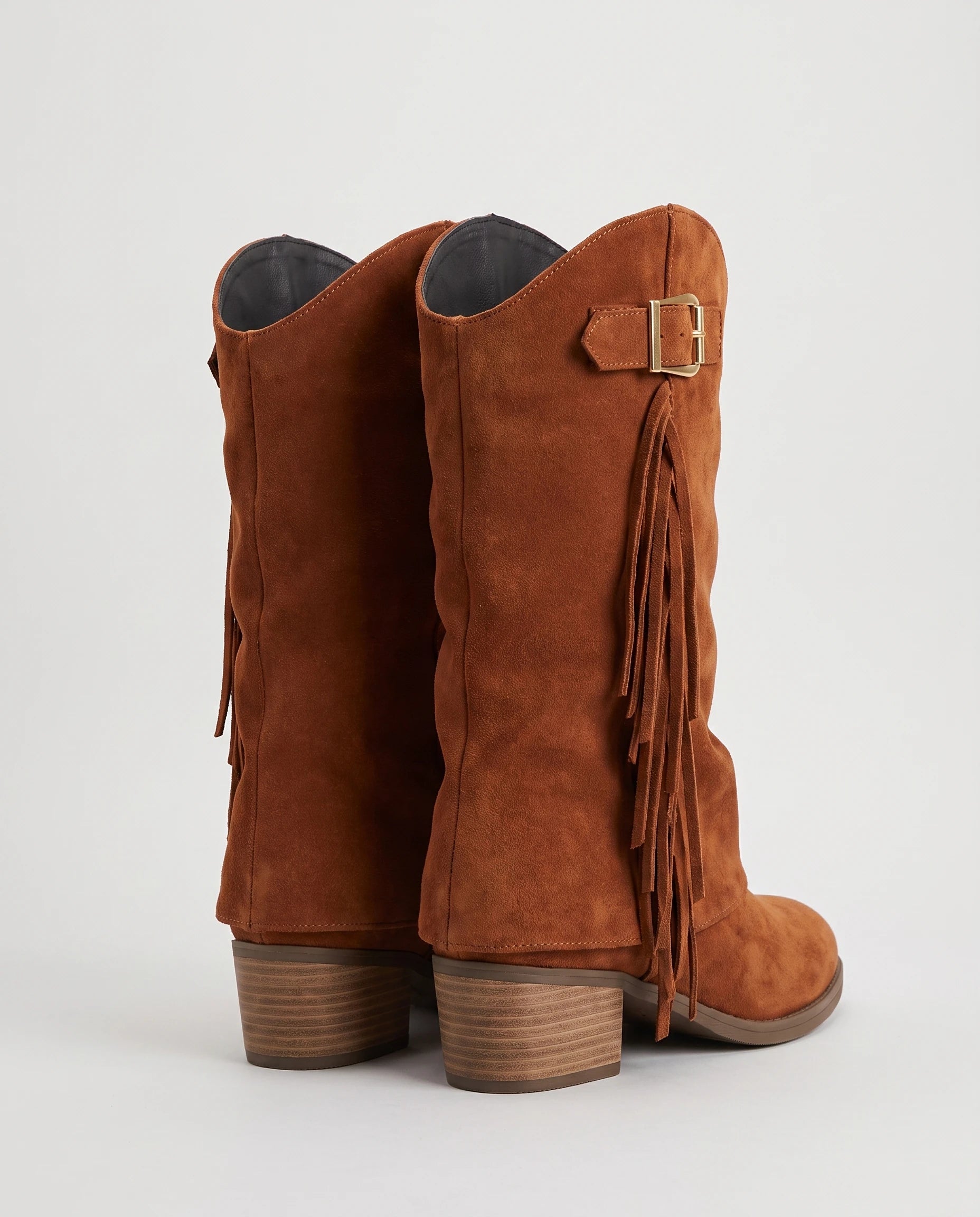 Bottes mi-mollet à revers et franges Coraline — Cognac, paire vue de trois quarts arrière studio