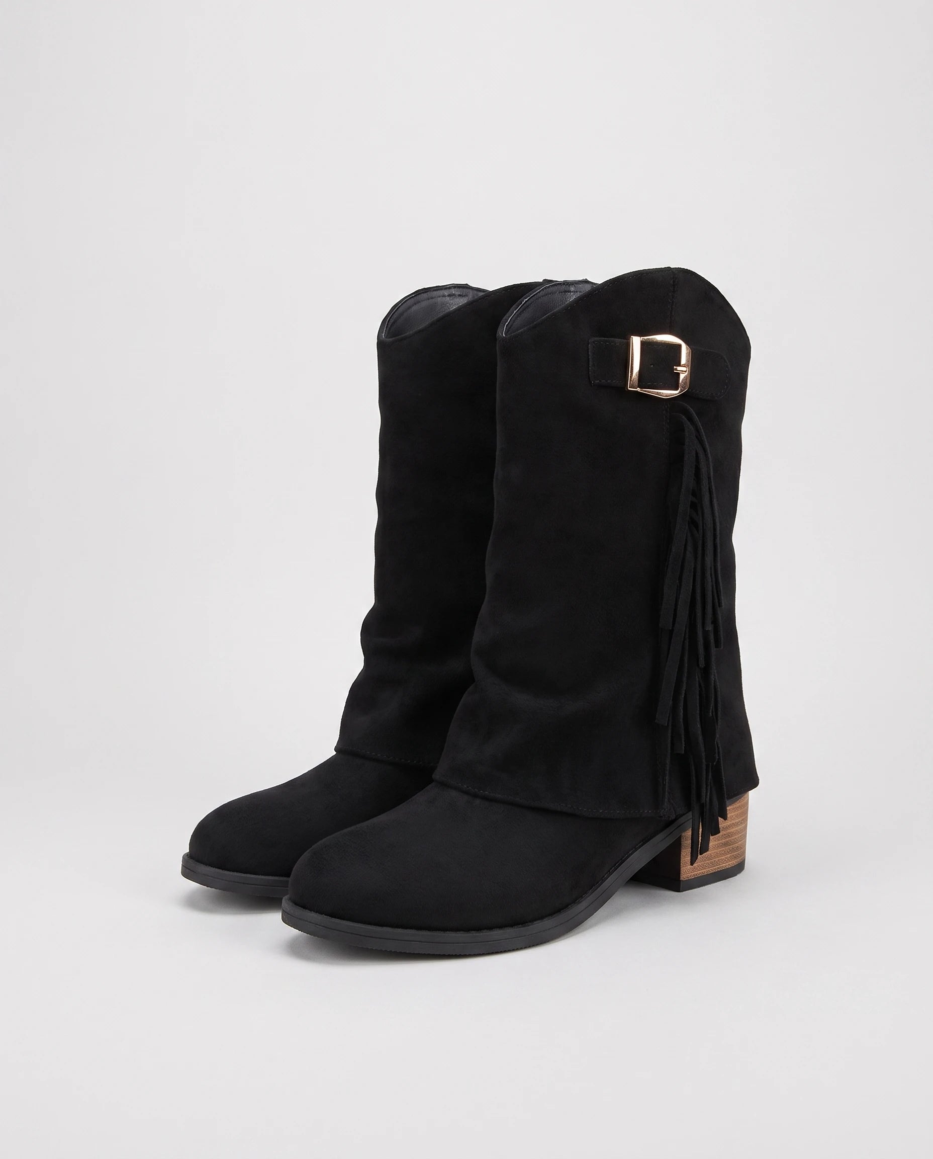 Bottes mi-mollet à revers et franges Coraline — Noir, paire vue de trois quarts avant studio