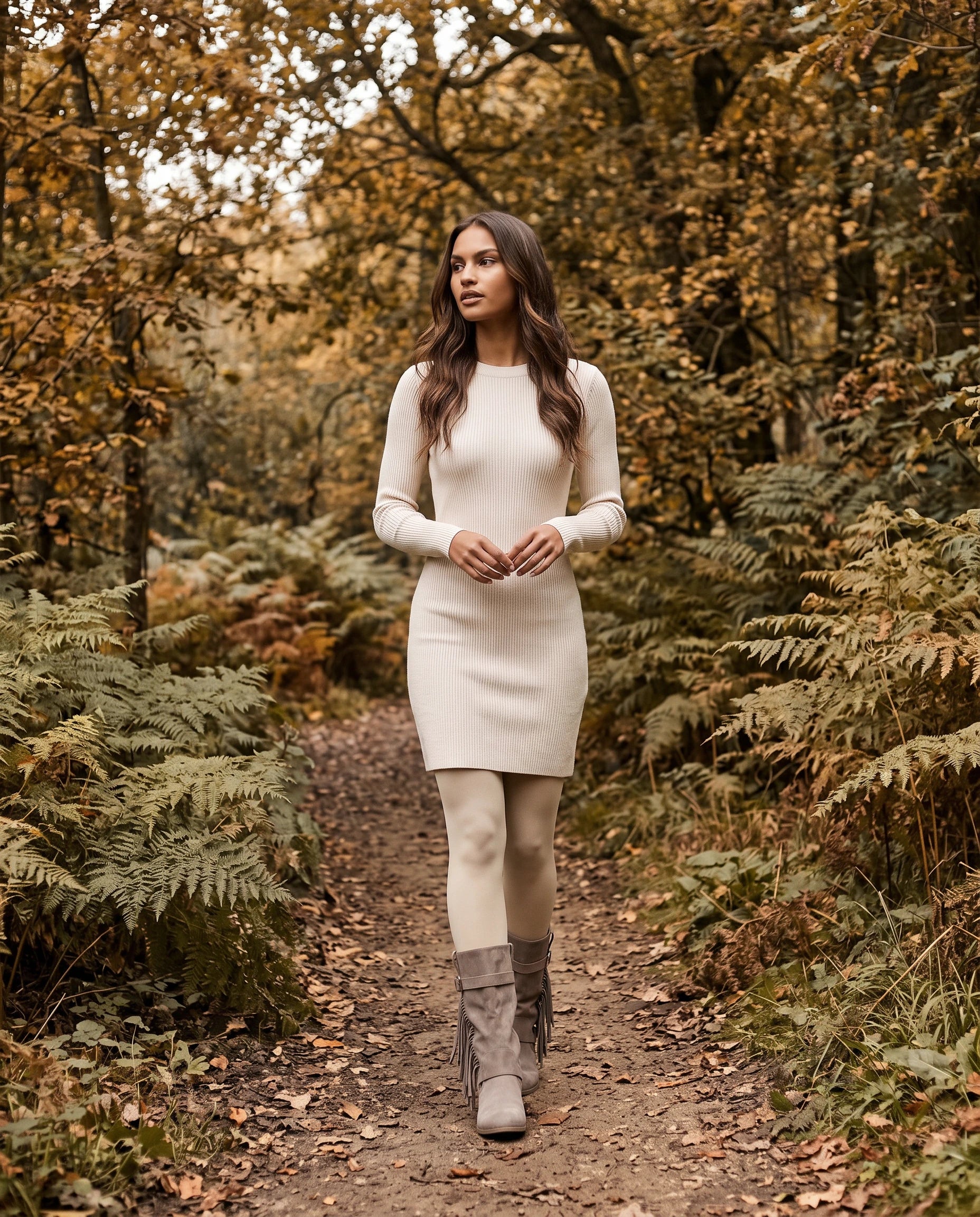 Bottes mi-mollet à revers et franges Coraline — Taupe, portées sur un sentier bordé de fougères