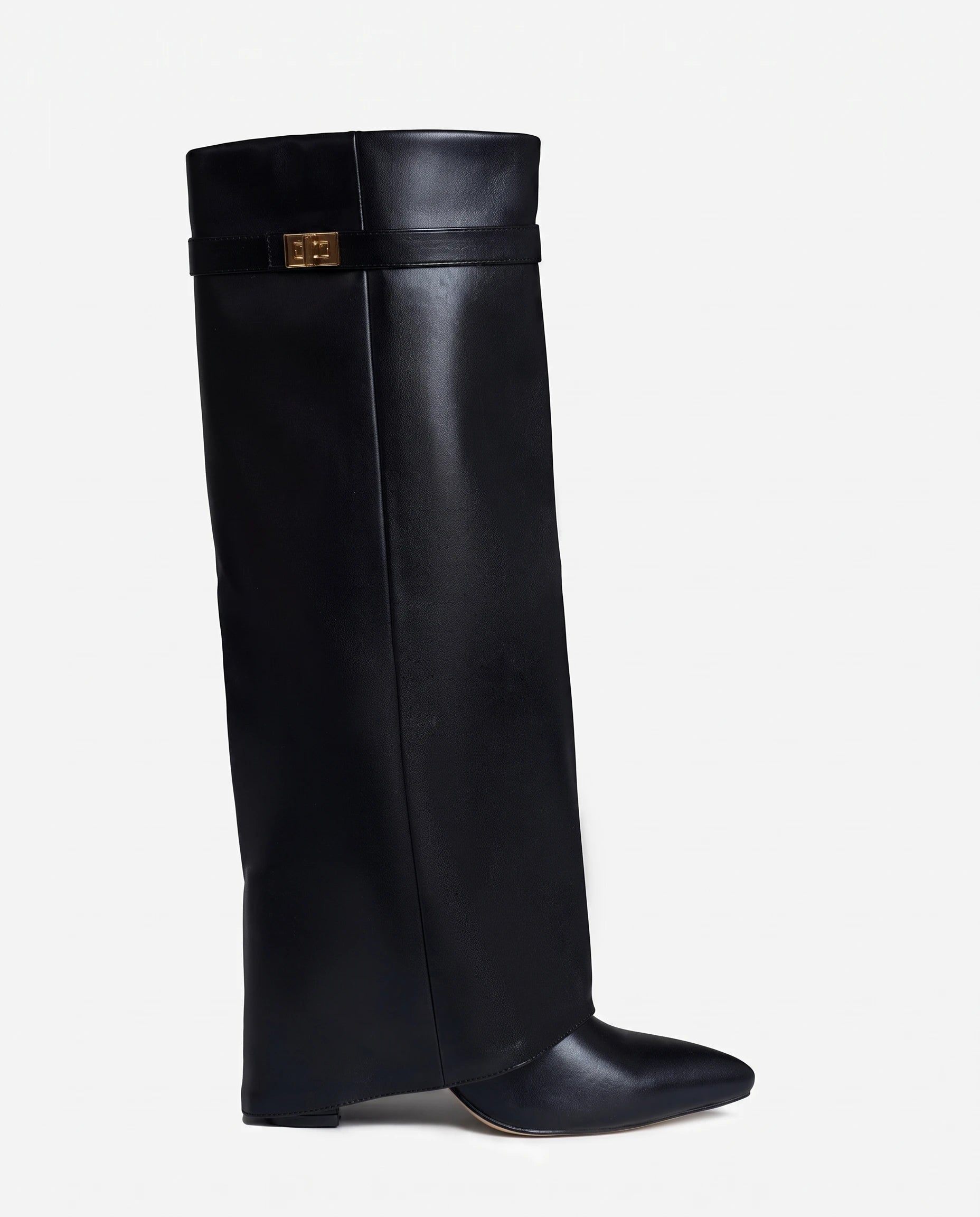 Bottes hautes à revers effet cuir Zénaïde — Noir, vue de profil studio
