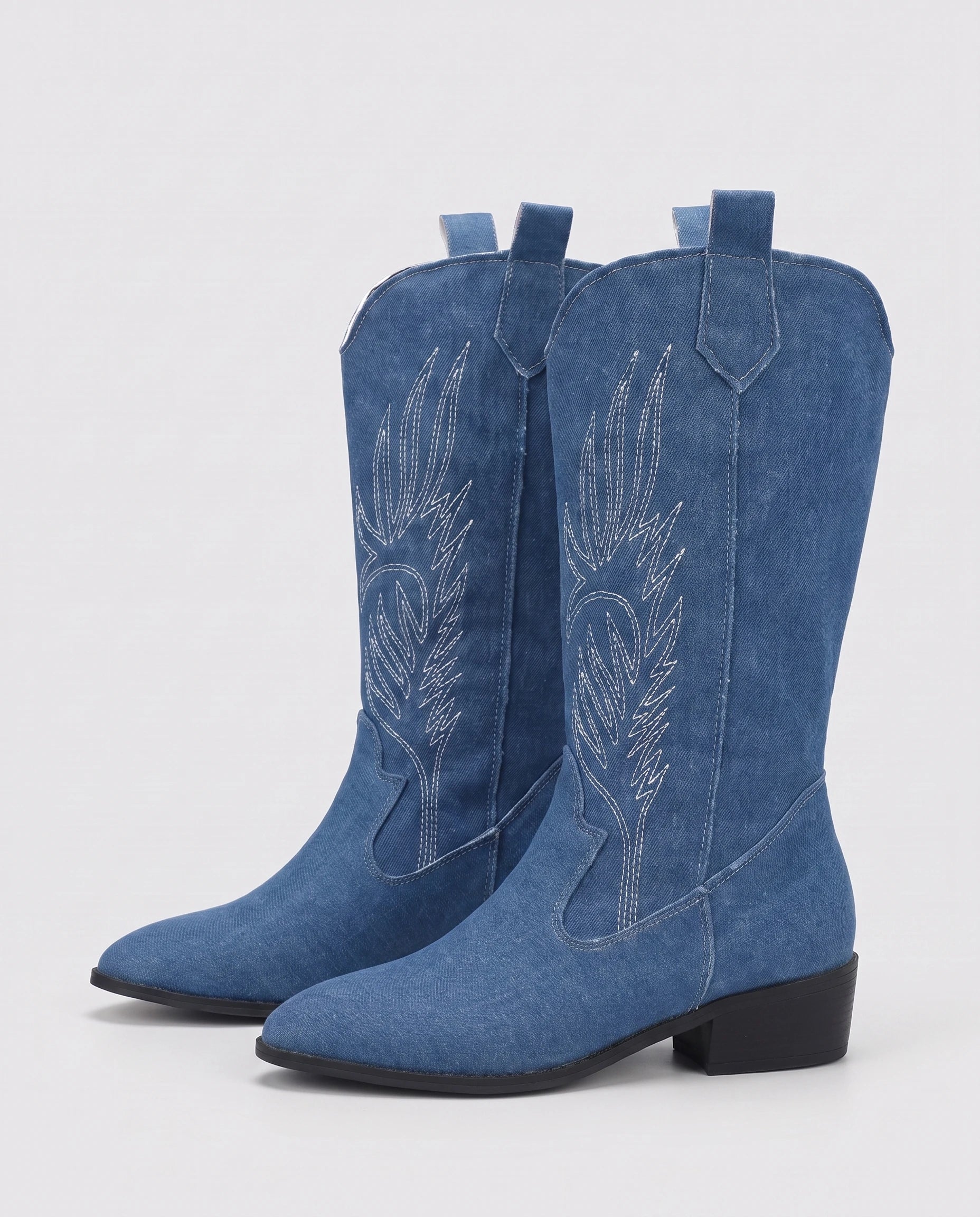 Bottes santiags mi-mollet à broderie contrastée Amaryllis Bleu Denim — packshot de profil