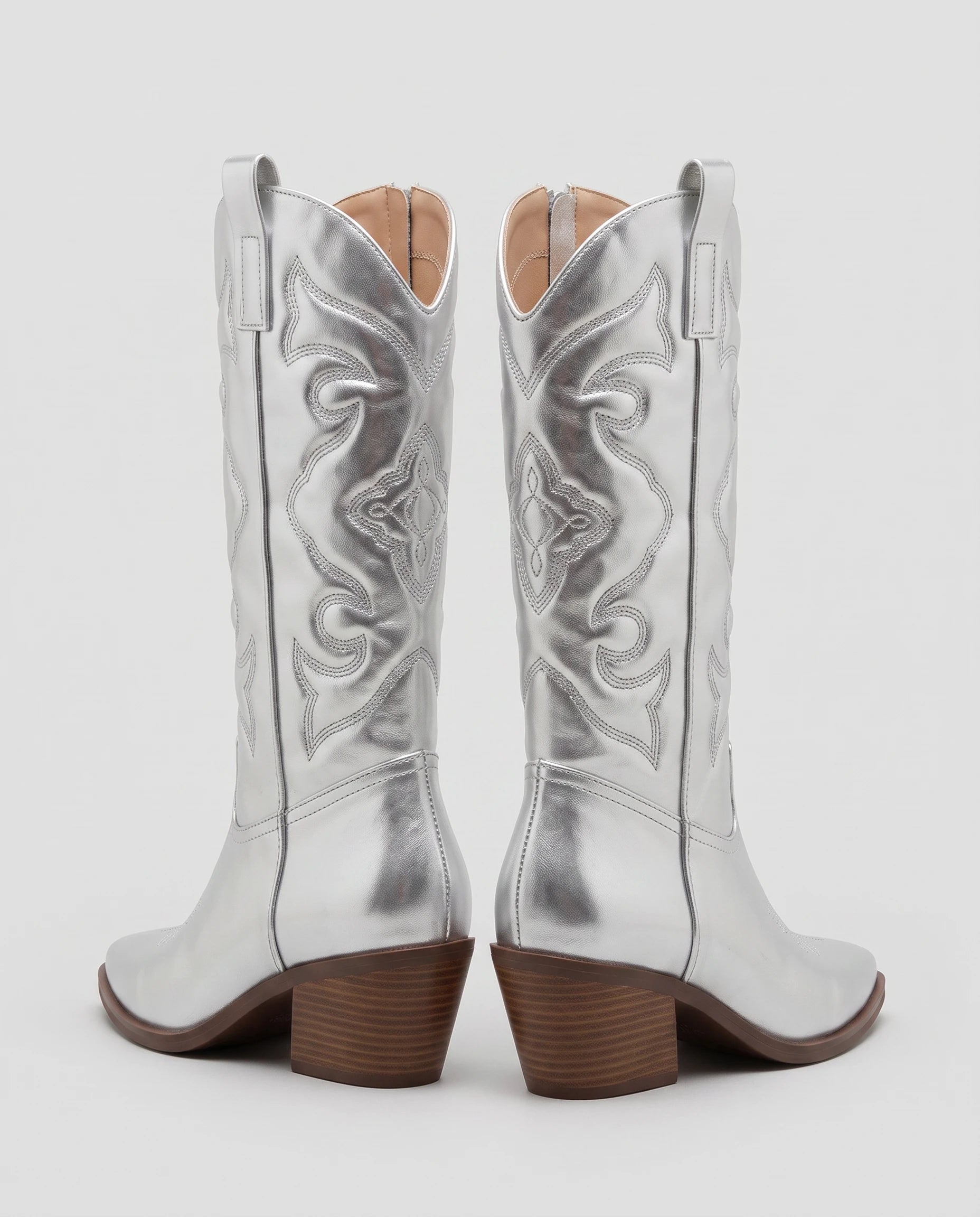 Bottes santiags mi-mollet en simili Artémise Argent — packshot, second angle