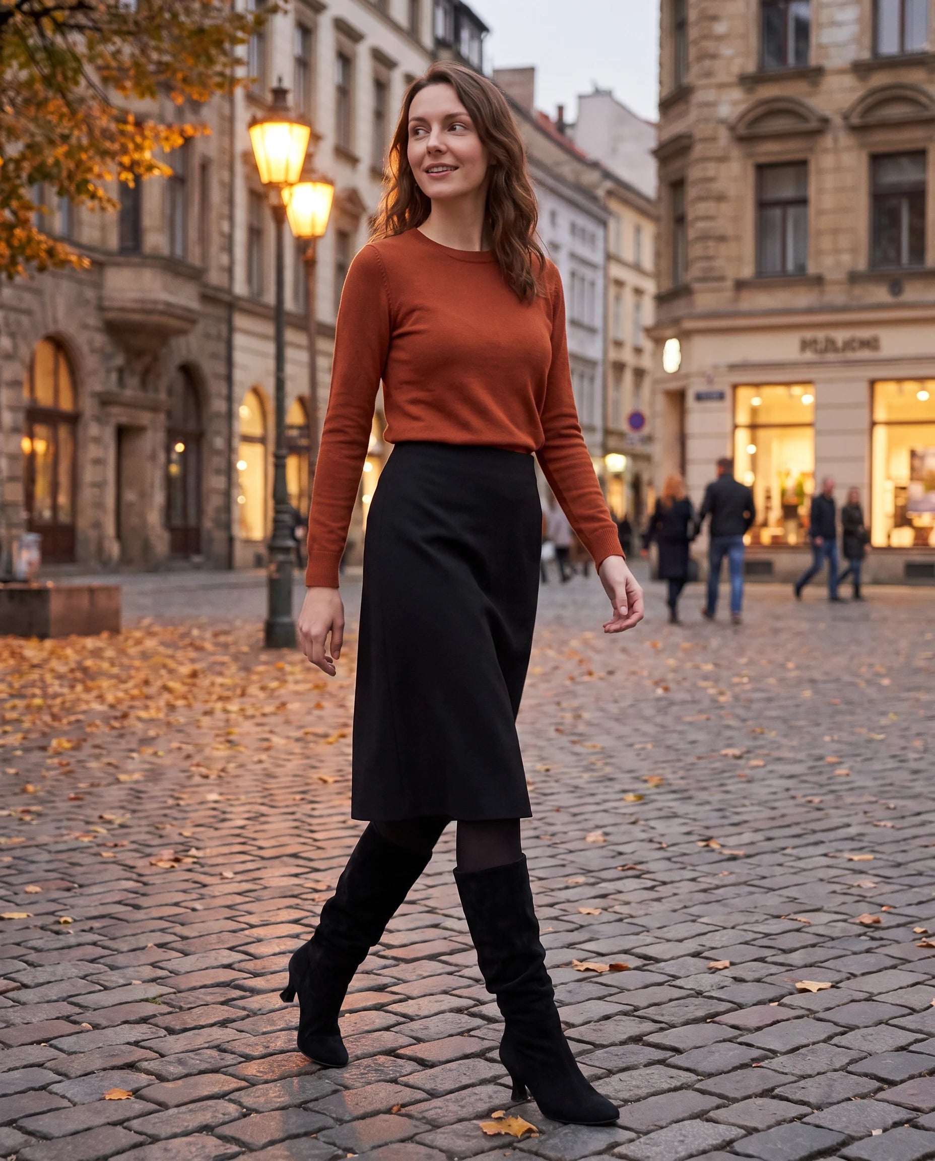 Bottes slouch à talon kitten Vérane — Noir, portées en situation urbaine