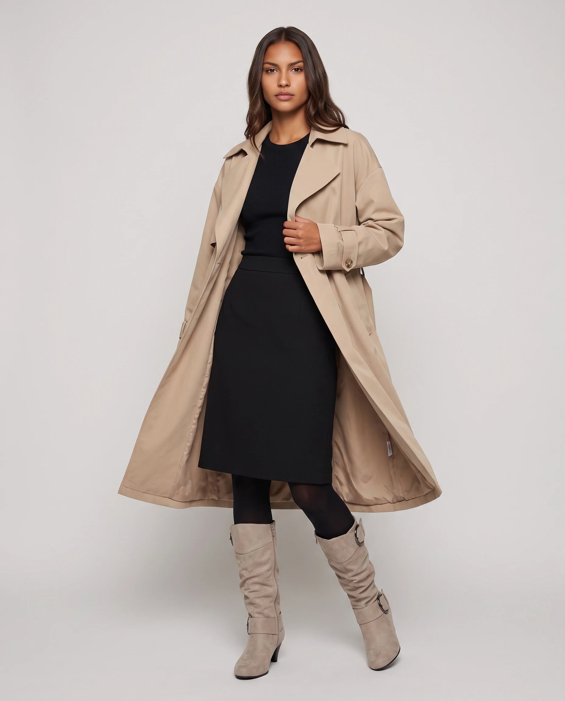 Bottes slouchy à boucles anneau en suédine Isadora — Beige, portées en plein pied studio