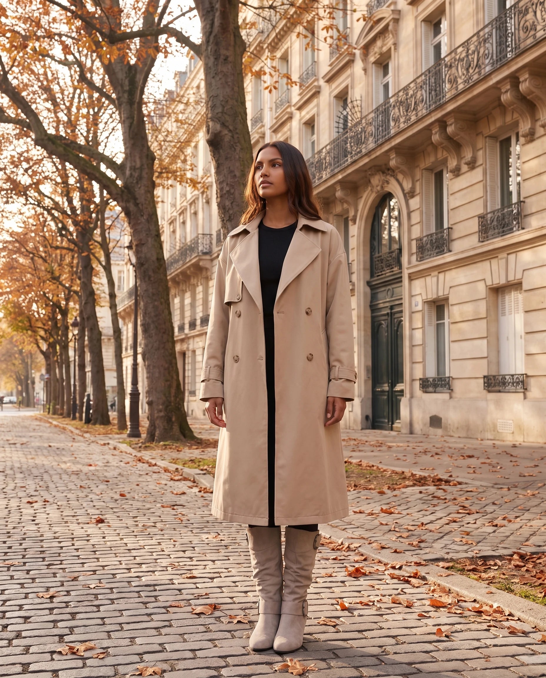 Bottes slouchy à boucles anneau en suédine Isadora — Beige, portées en extérieur