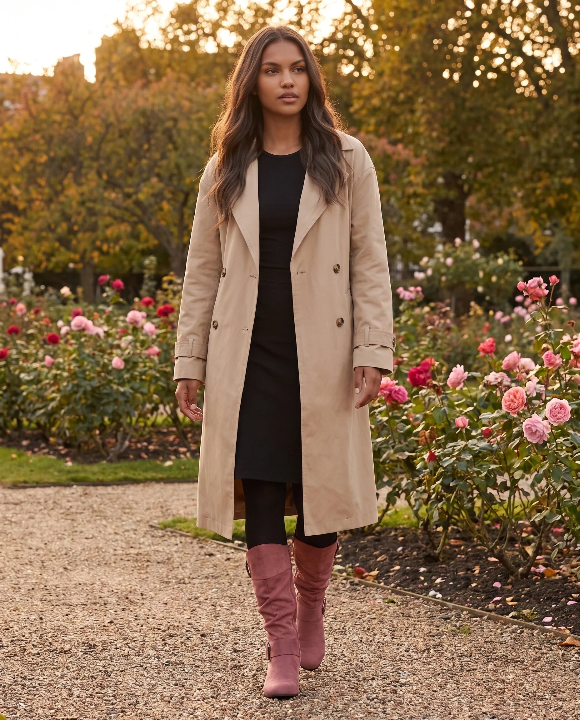 Bottes slouchy à boucles anneau en suédine Isadora — Vieux Rose, portées en extérieur