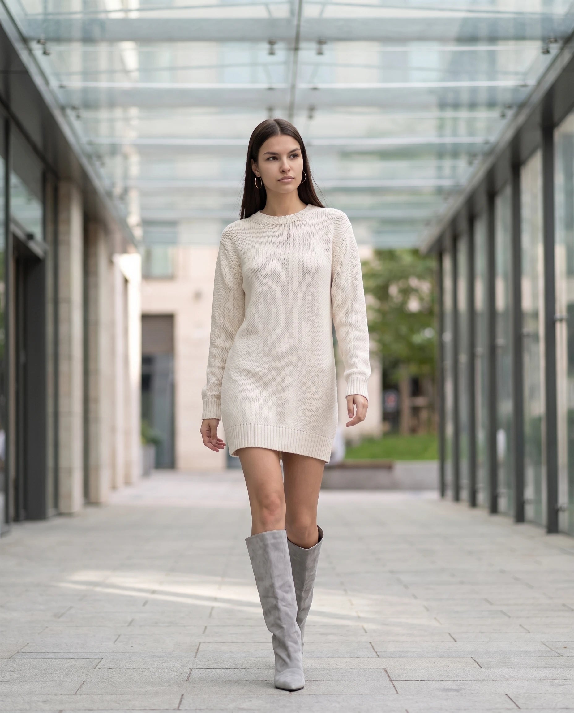 Bottes souples à petit talon en suédine Bernadette — Gris, portées en extérieur