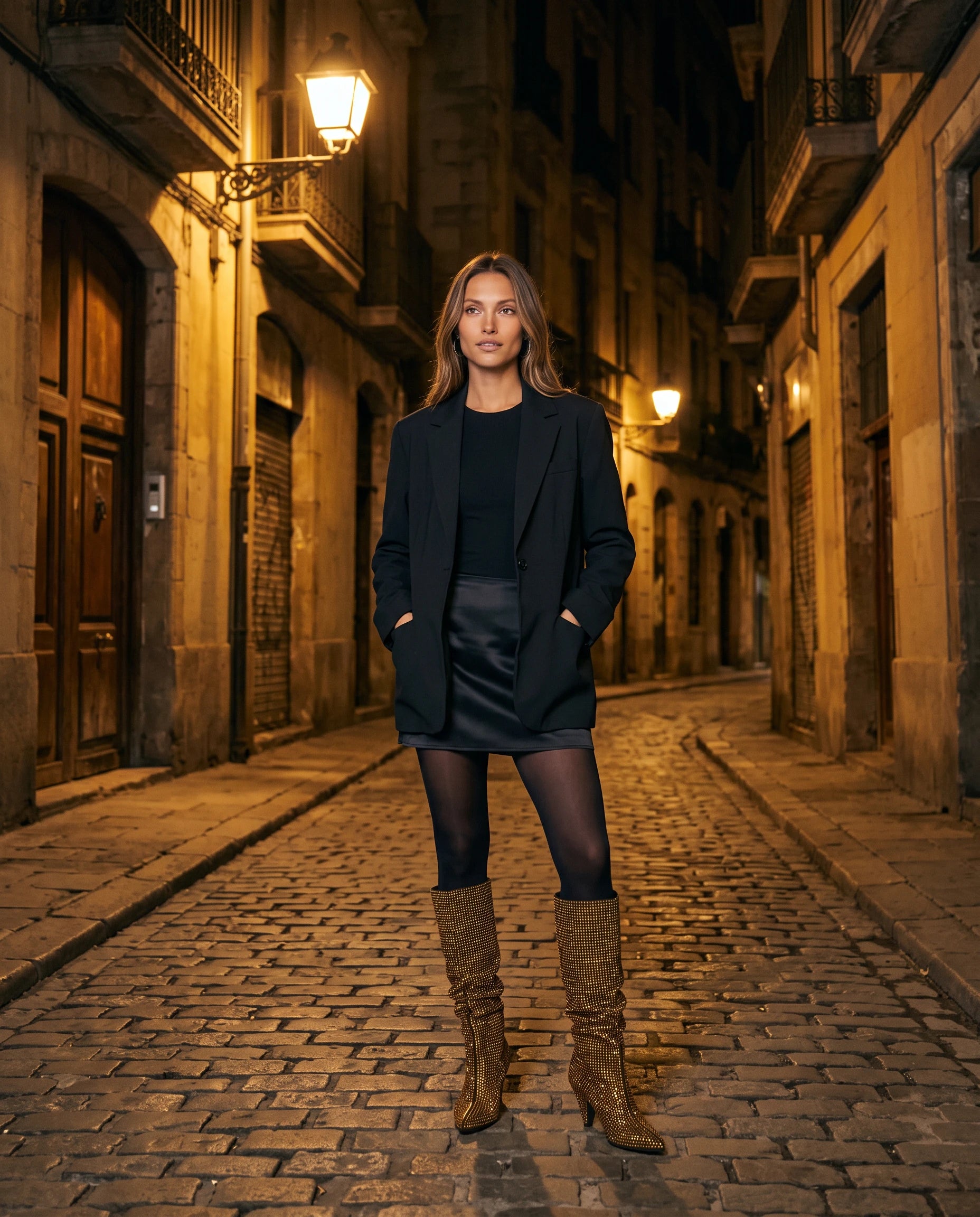 Bottes hautes slouchy à strass Odalie — Bronze, portées dans une rue pavée sous des lampadaires ambrés