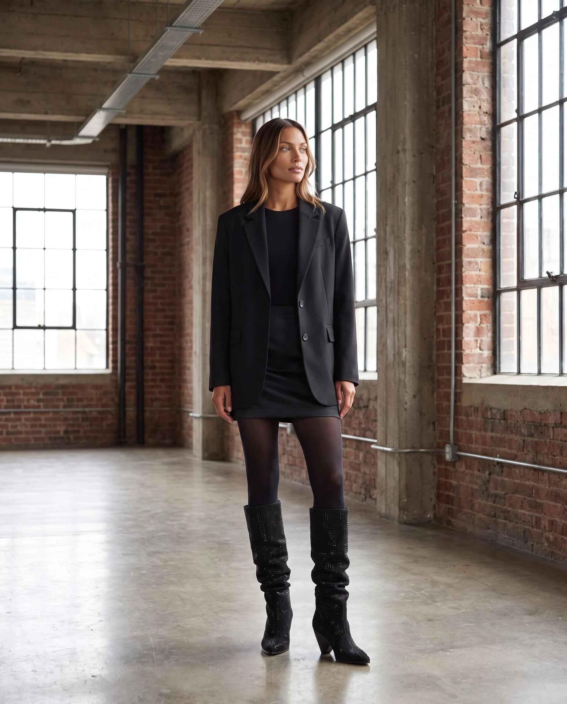 Bottes hautes slouchy à strass Odalie — Noir, portées dans un loft industriel aux fenêtres d'atelier