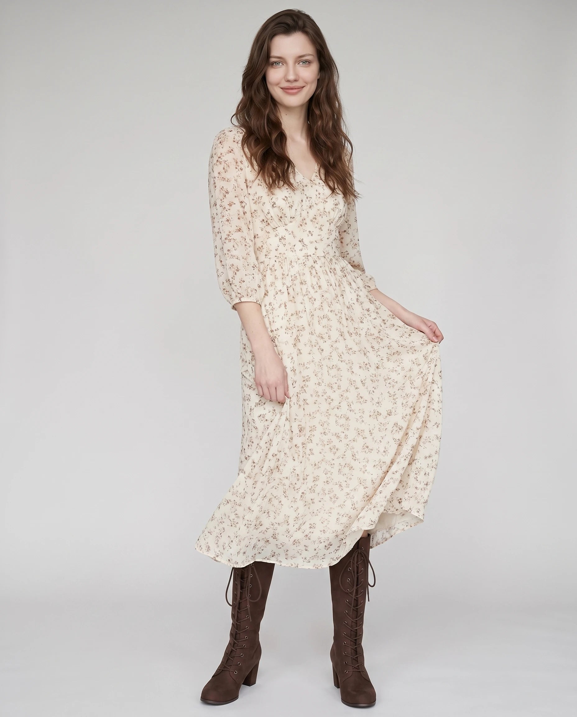 Bottes lacées victoriennes en suédine Wilhelmine — Brun Cacao, portées en plein pied studio
