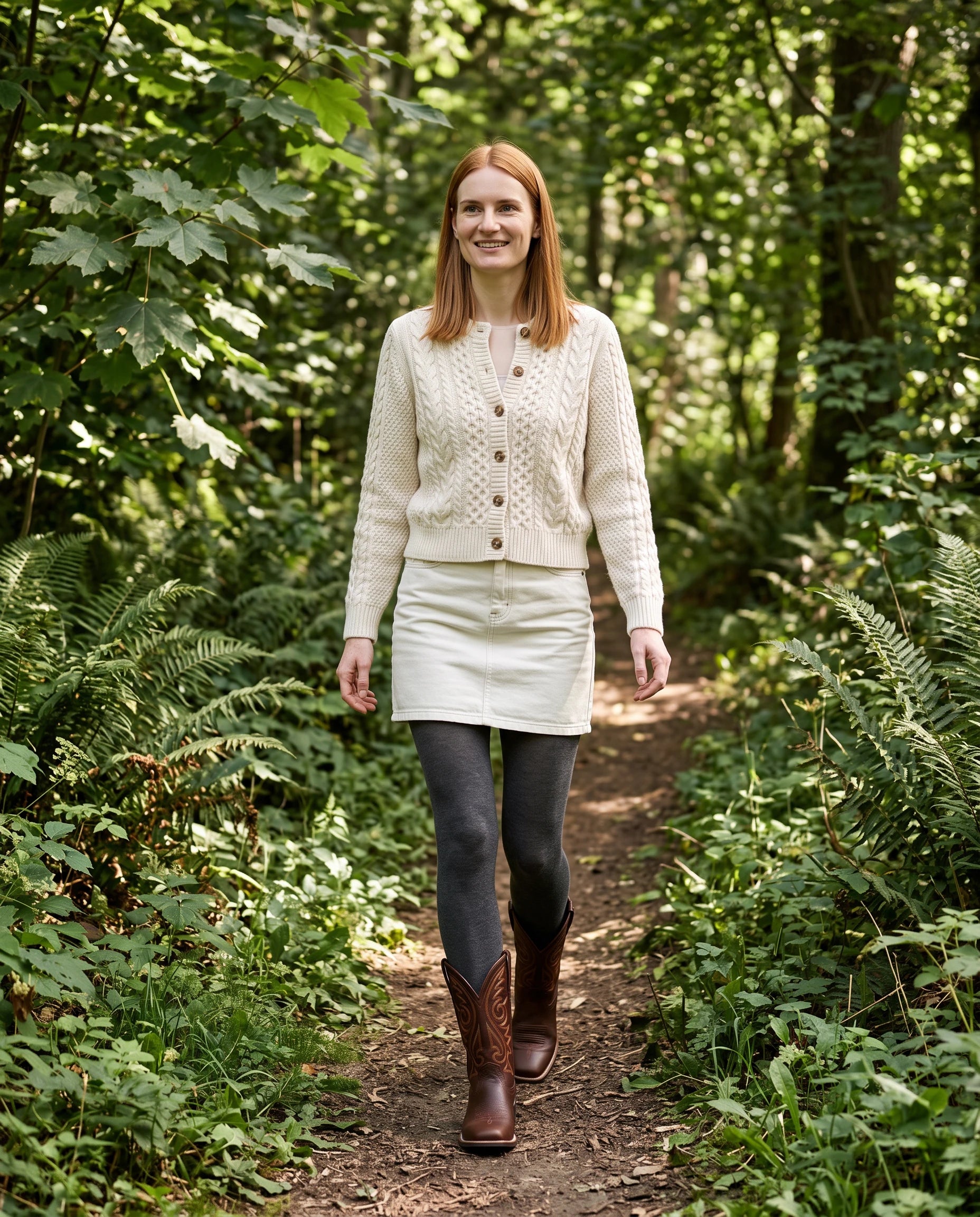 Bottes western à bout rond Marion — Chocolat, portées sur un sentier de sous-bois bordé de fougères