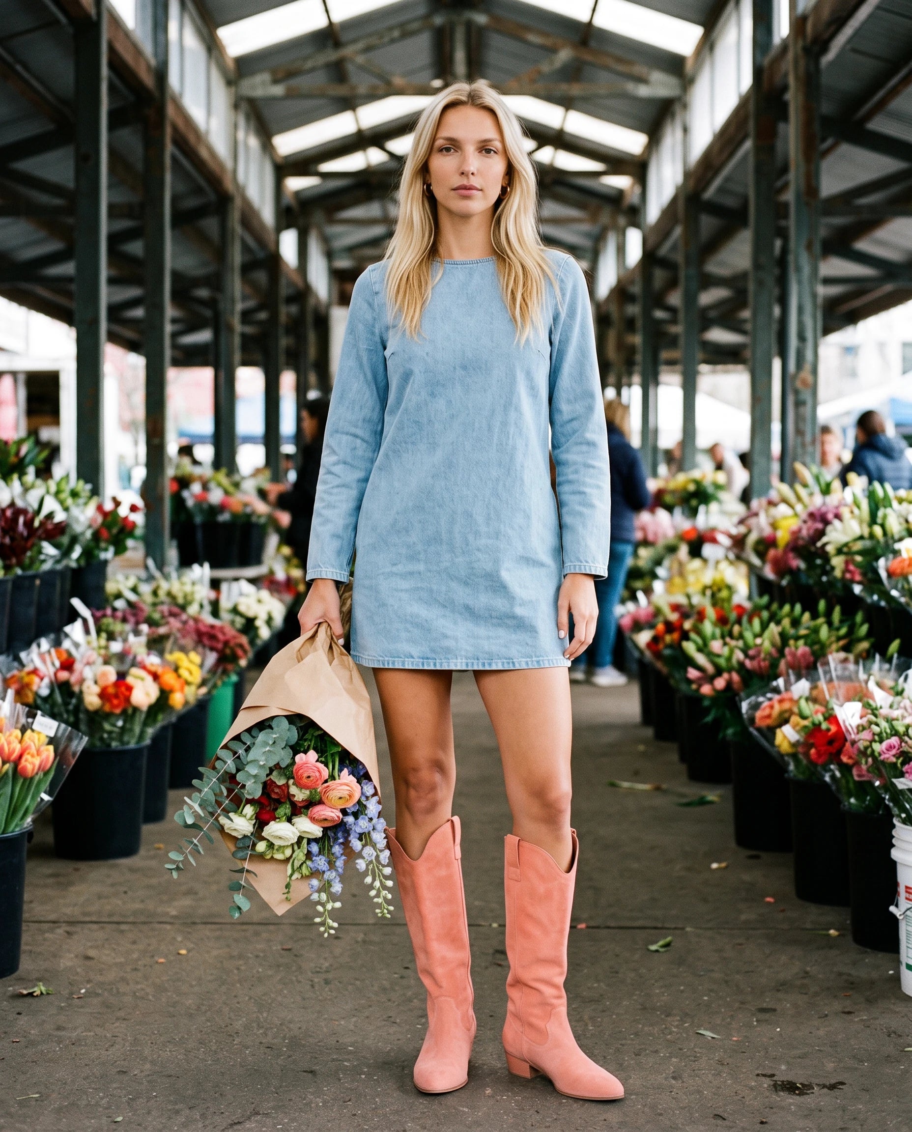 Bottes hautes western en suédine Marjolaine — Corail, portées dans un marché aux fleurs sous halle