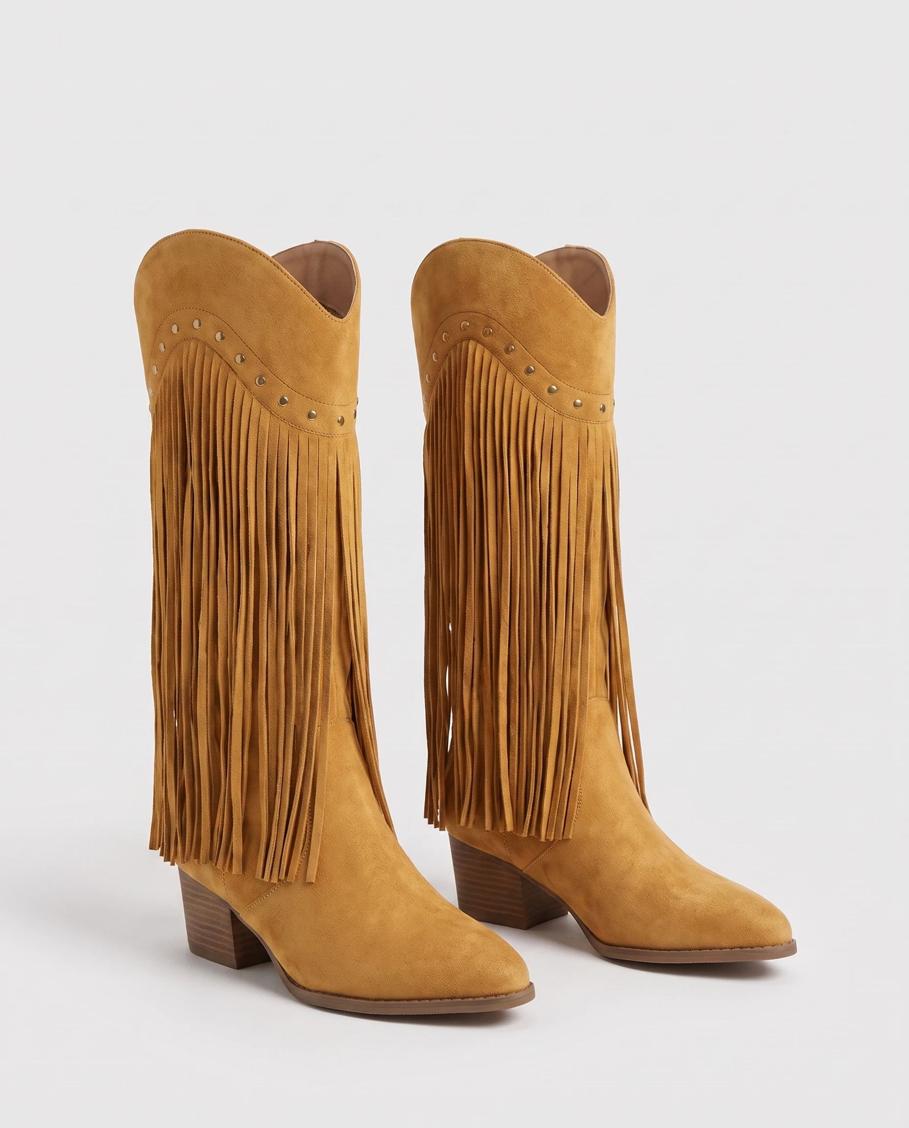 Bottes hautes western à franges cloutées Florentine — Camel, paire vue de profil studio