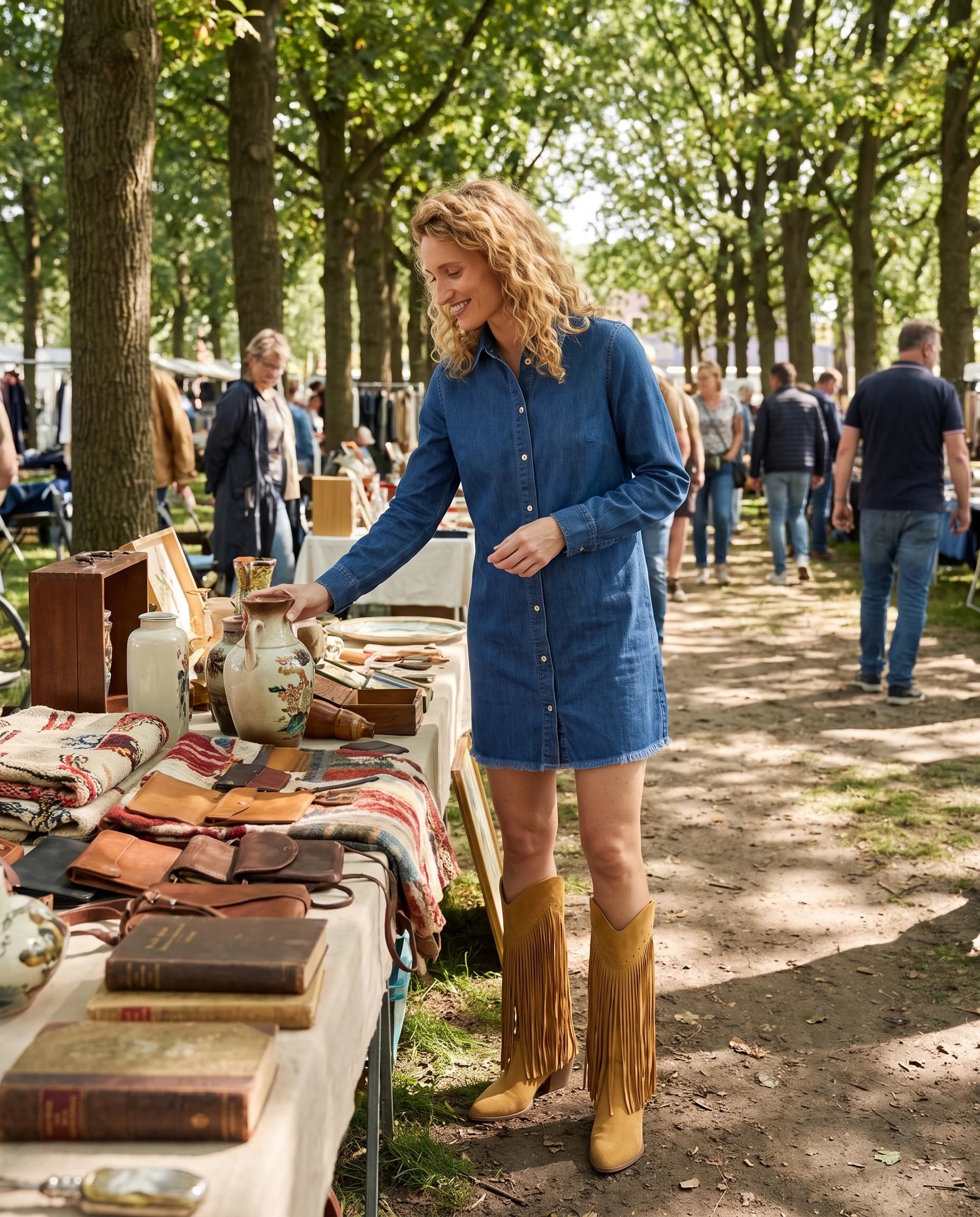 Bottes hautes western à franges cloutées Florentine — Camel, portées dans une brocante en plein air