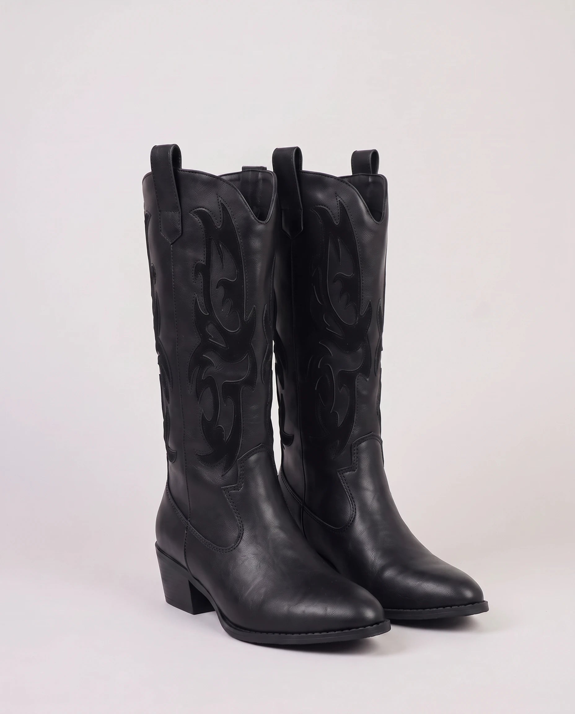 Bottes santiags à broderie ton sur ton en simili Corentine Noir — packshot de profil