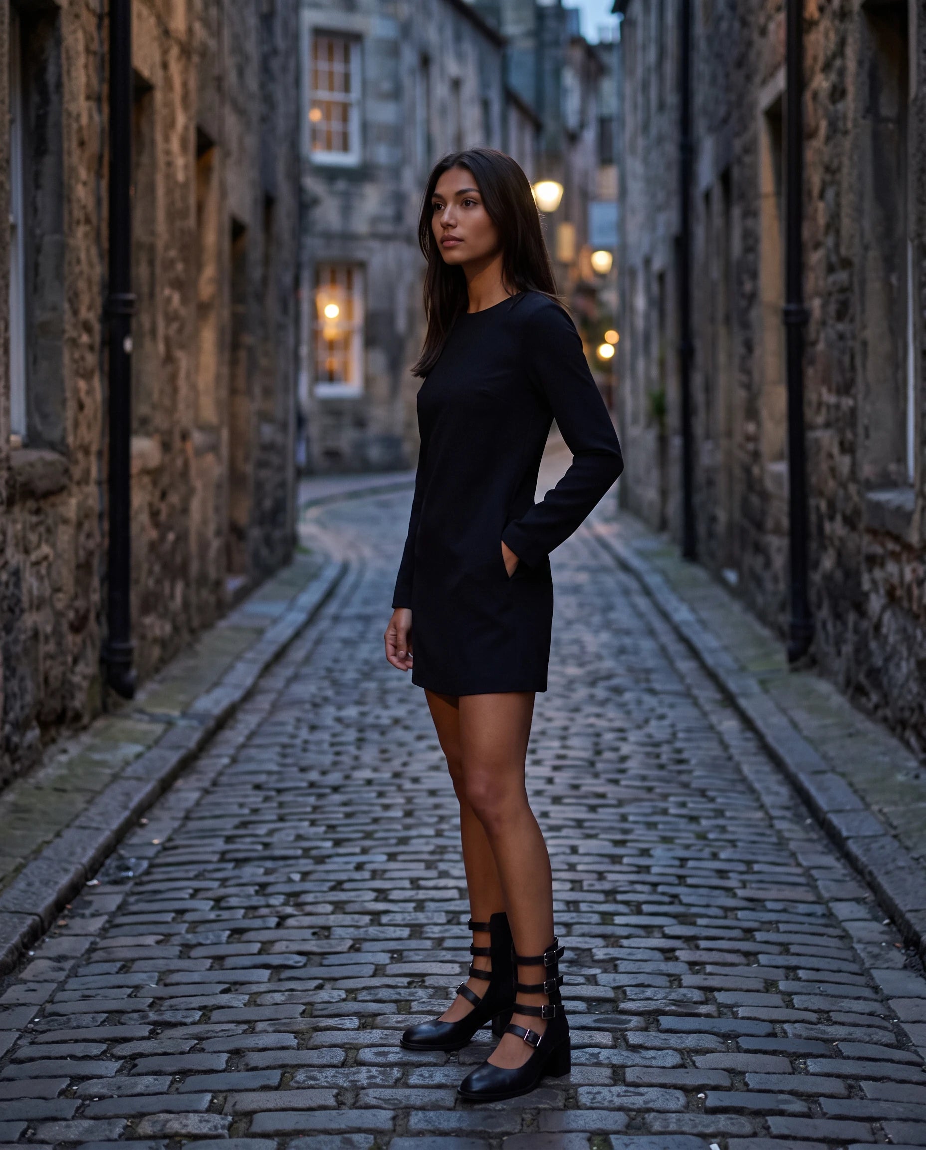 Bottines pointues à brides et boucles en simili Guenièvre Noir — portées en situation