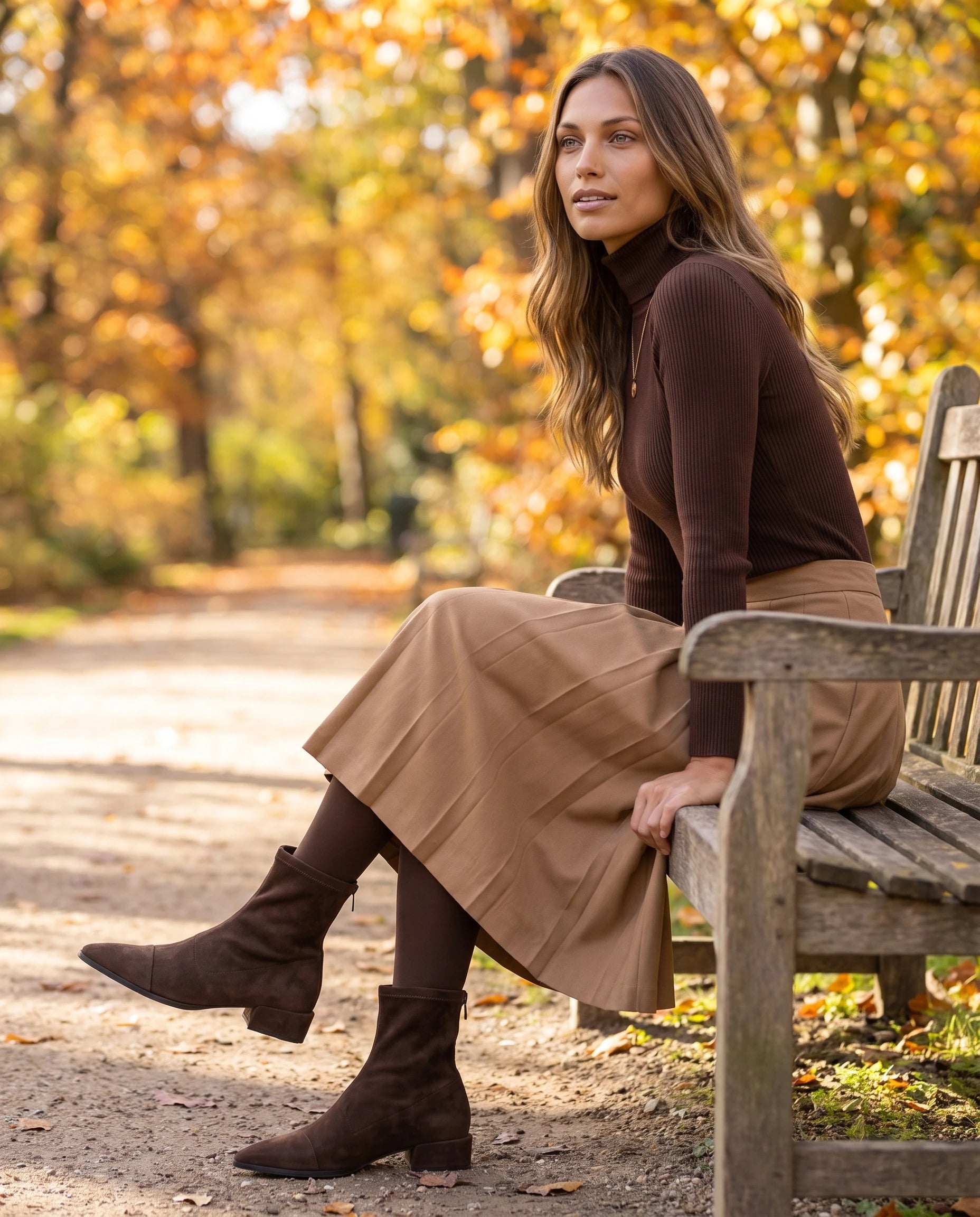 Bottines chaussette plates à bout pointu Célinie — Brun, portées en extérieur