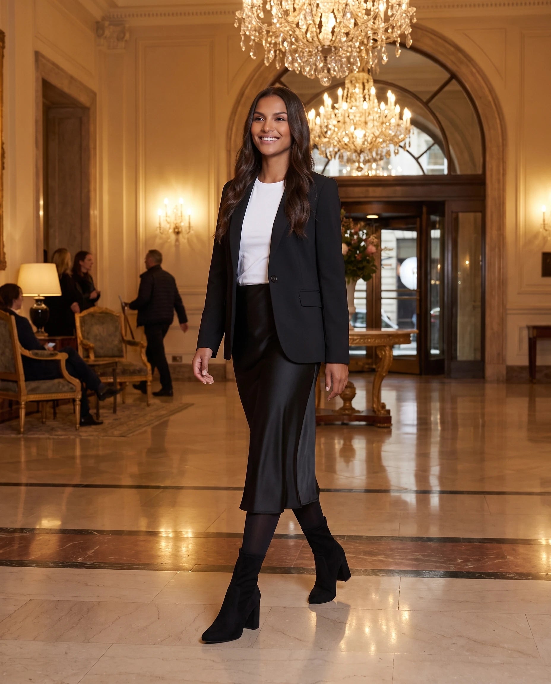 Bottines chaussette en suédine à talon bloc Dorothée — Noir, portées en extérieur