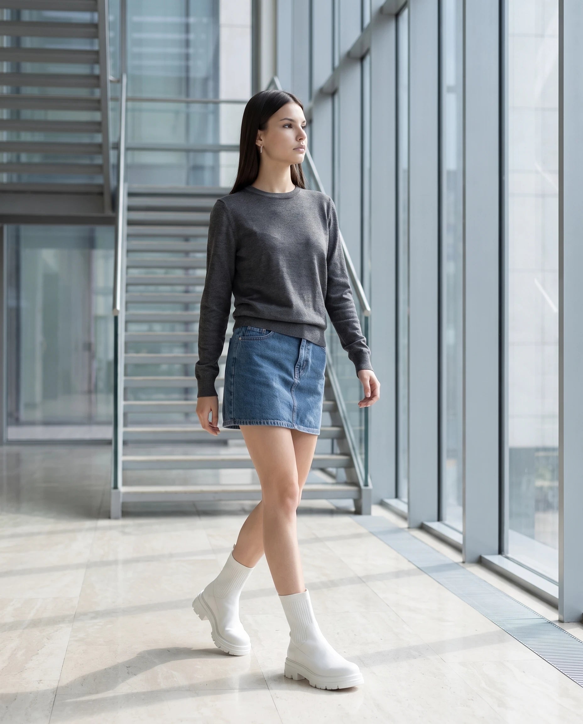 Bottines chaussettes à plateforme Antoinette — Blanc, portées dans le hall vitré d'un immeuble contemporain