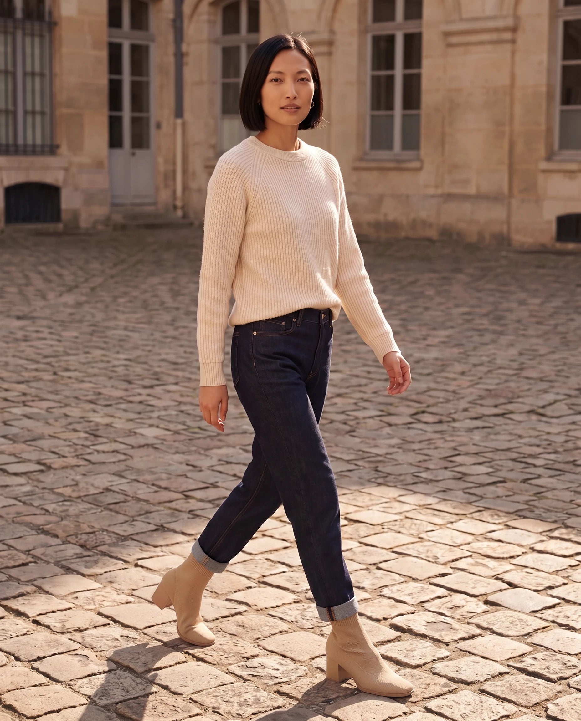 Bottines chaussettes en maille a talon bloc Cyprienne Beige — portées en extérieur