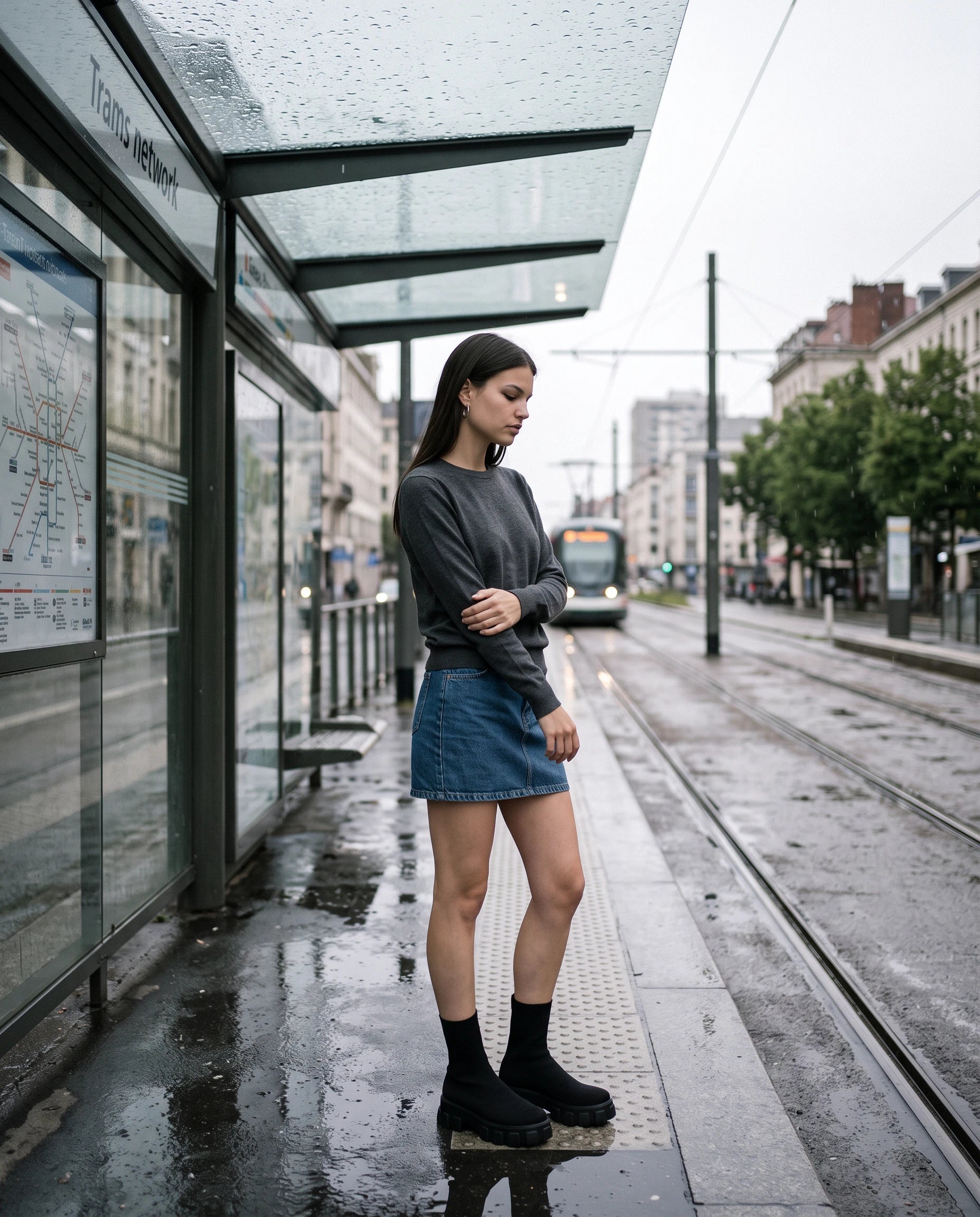 Bottines chaussettes à plateforme Antoinette — Noir, portées à un arrêt de tram sous la pluie fine