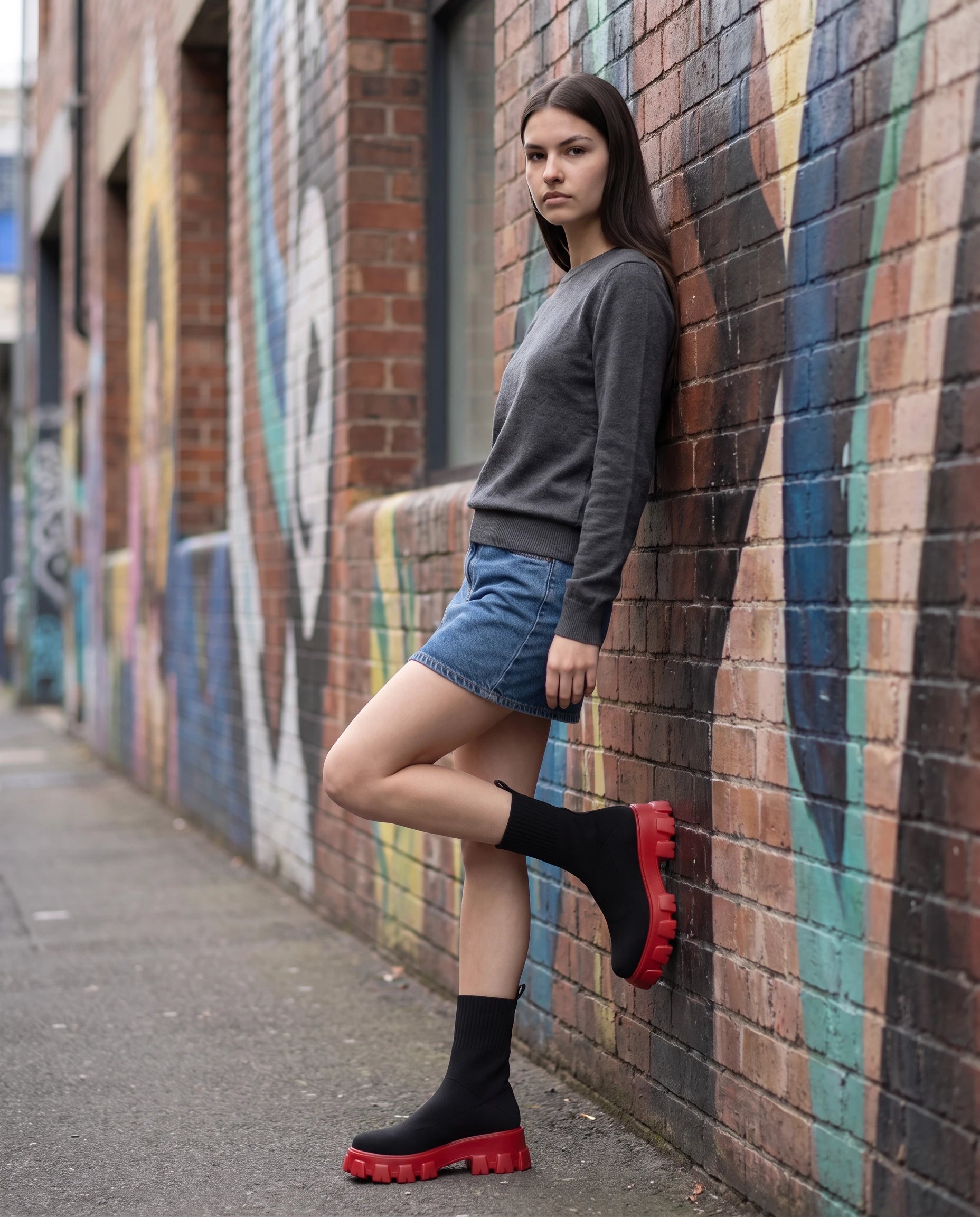 Bottines chaussettes à plateforme Antoinette — Noir Semelle Rouge, portées dans une ruelle aux fresques murales