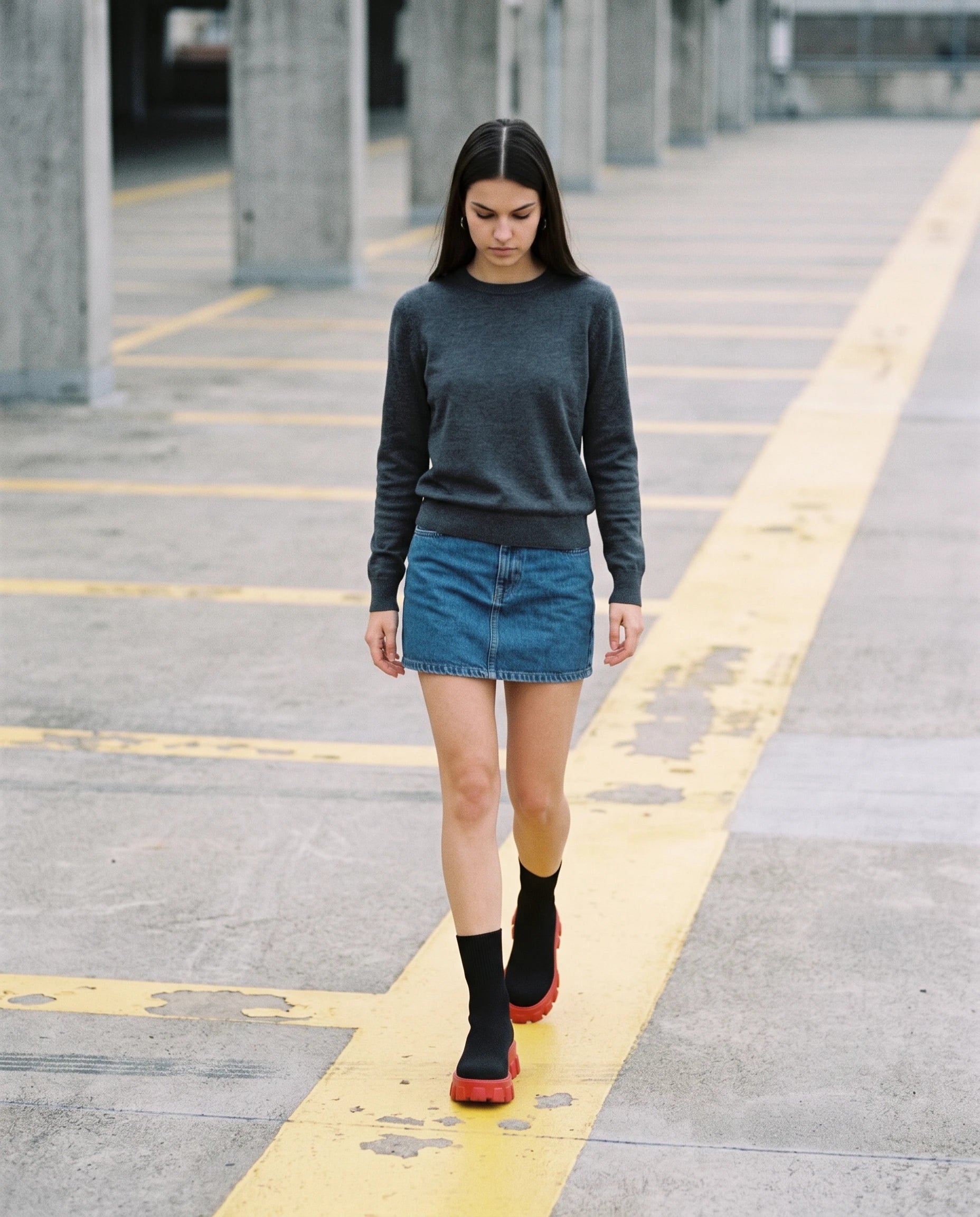 Bottines chaussettes à plateforme Antoinette — Noir Semelle Rouge, portées sur un sol de béton peint aux lignes jaunes