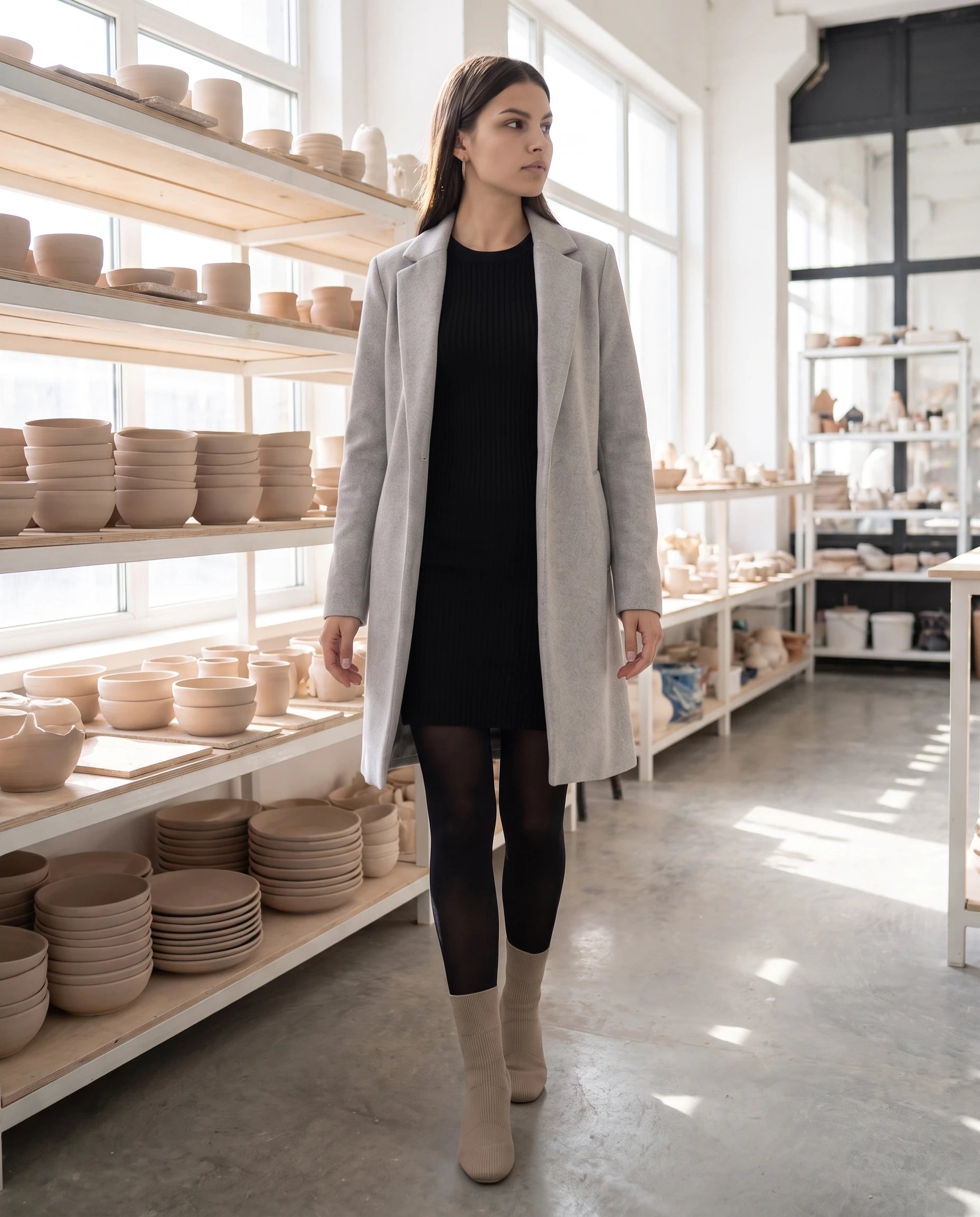 Bottines chaussettes en maille a talon haut Adelphine Grège — portées en situation