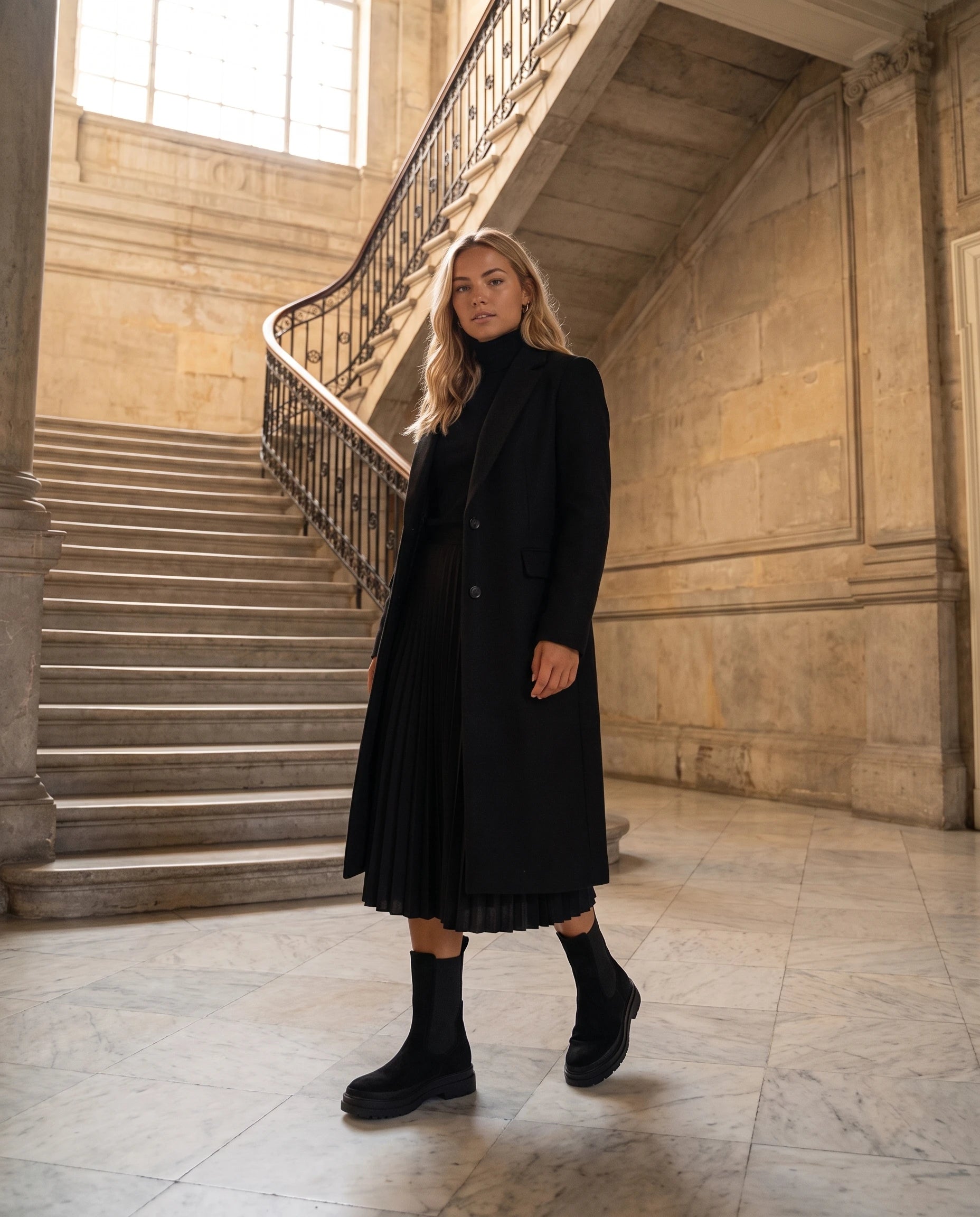 Bottines chelsea en suédine Améline — Noir, portées dans un hall d'immeuble ancien