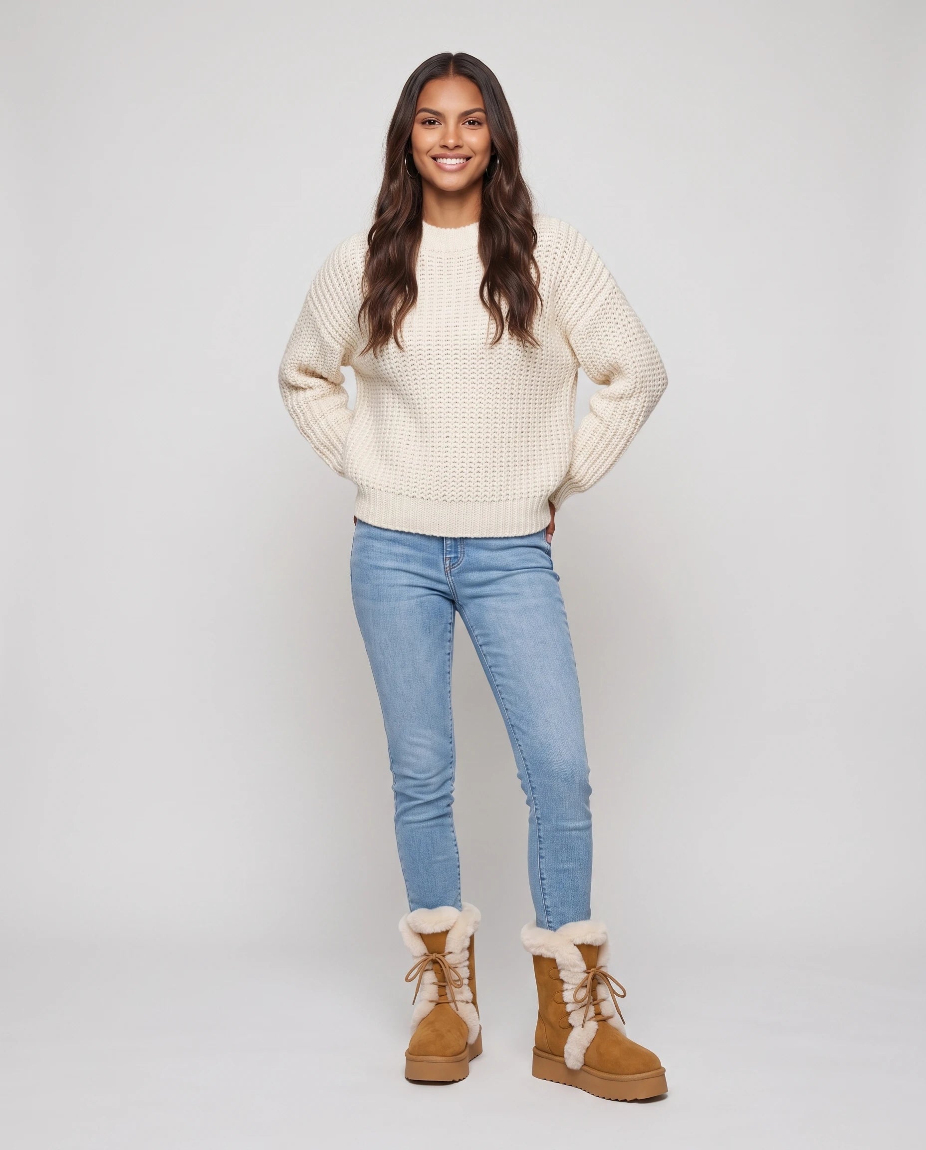 Bottines fourrées à lacets en suédine Toinette — Camel, portées en plein pied studio