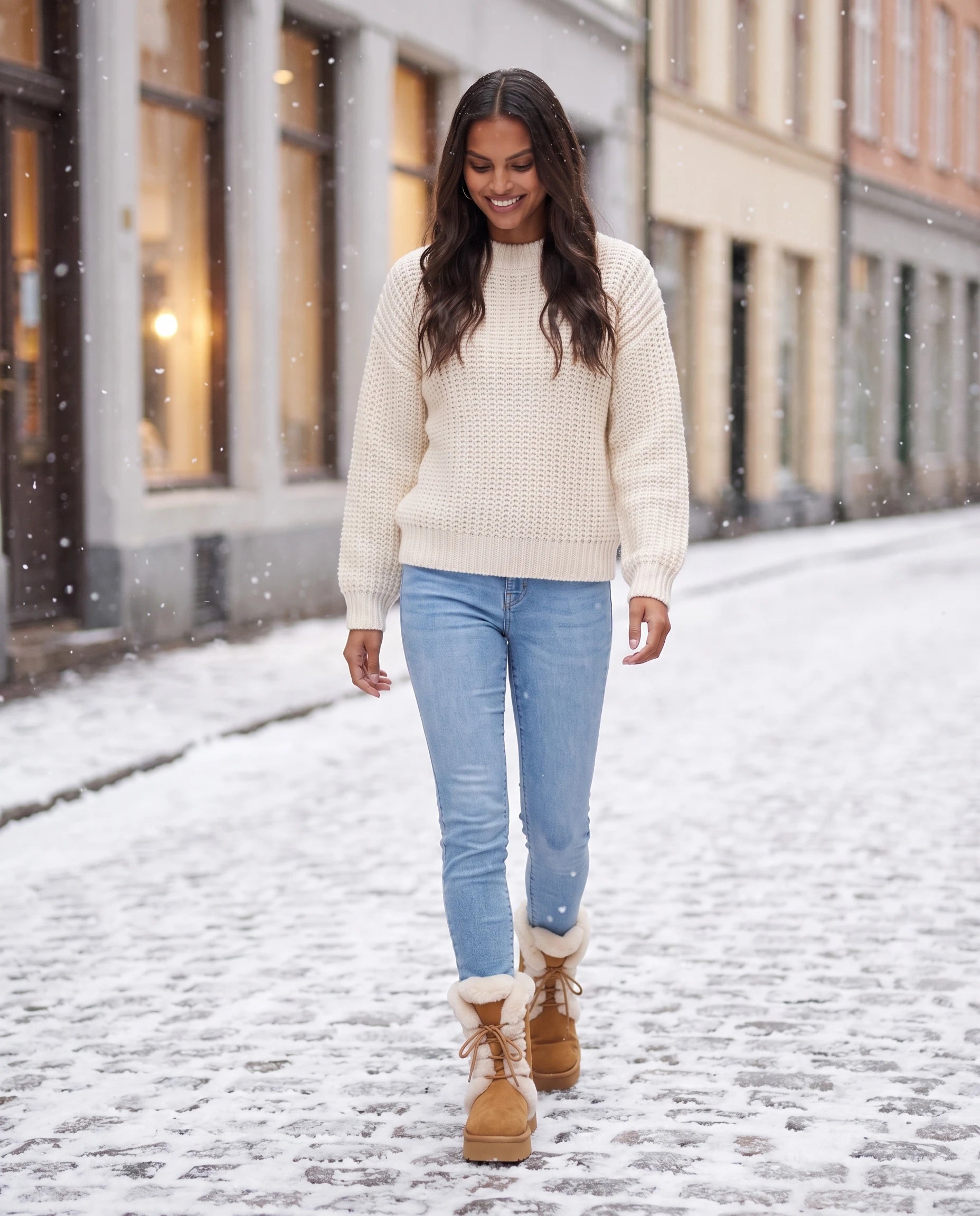 Bottines fourrées à lacets en suédine Toinette — Camel, portées en situation