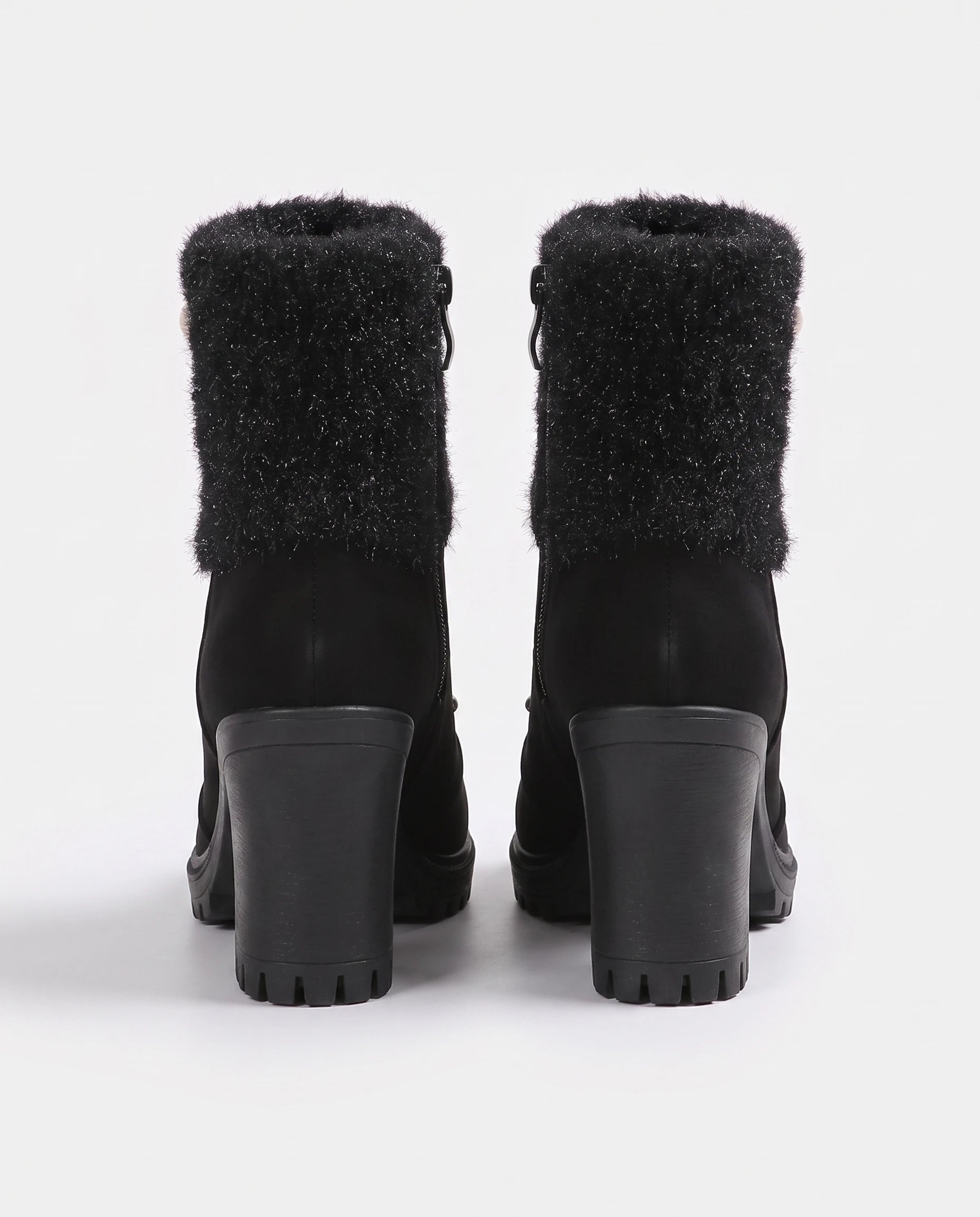 Bottines fourrées à talon et revers en maille Lucrèce — Noir, paire vue de dos, hauteur du talon carré