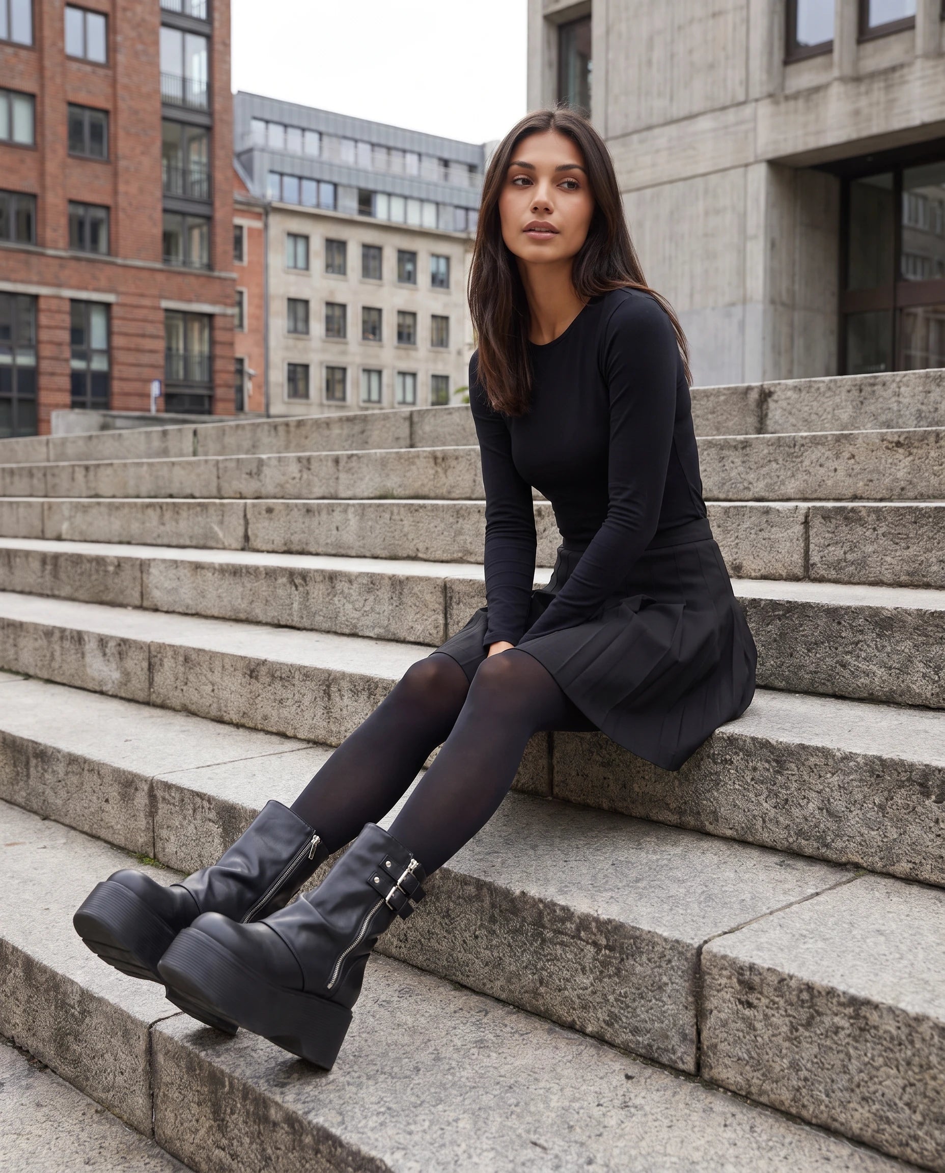 Bottines plateforme à guêtre zippée Urielle — Noir, portées en situation urbaine