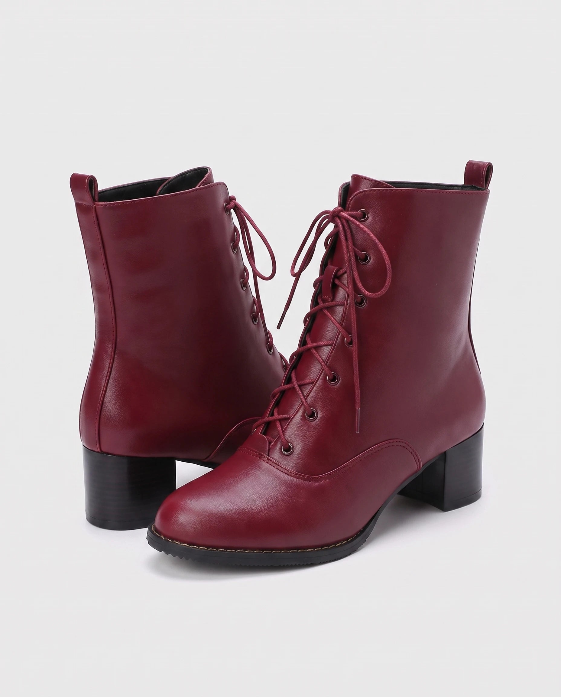 Bottines à lacets à talon effet cuir Alphonsine — Bordeaux, paire vue de trois quarts studio