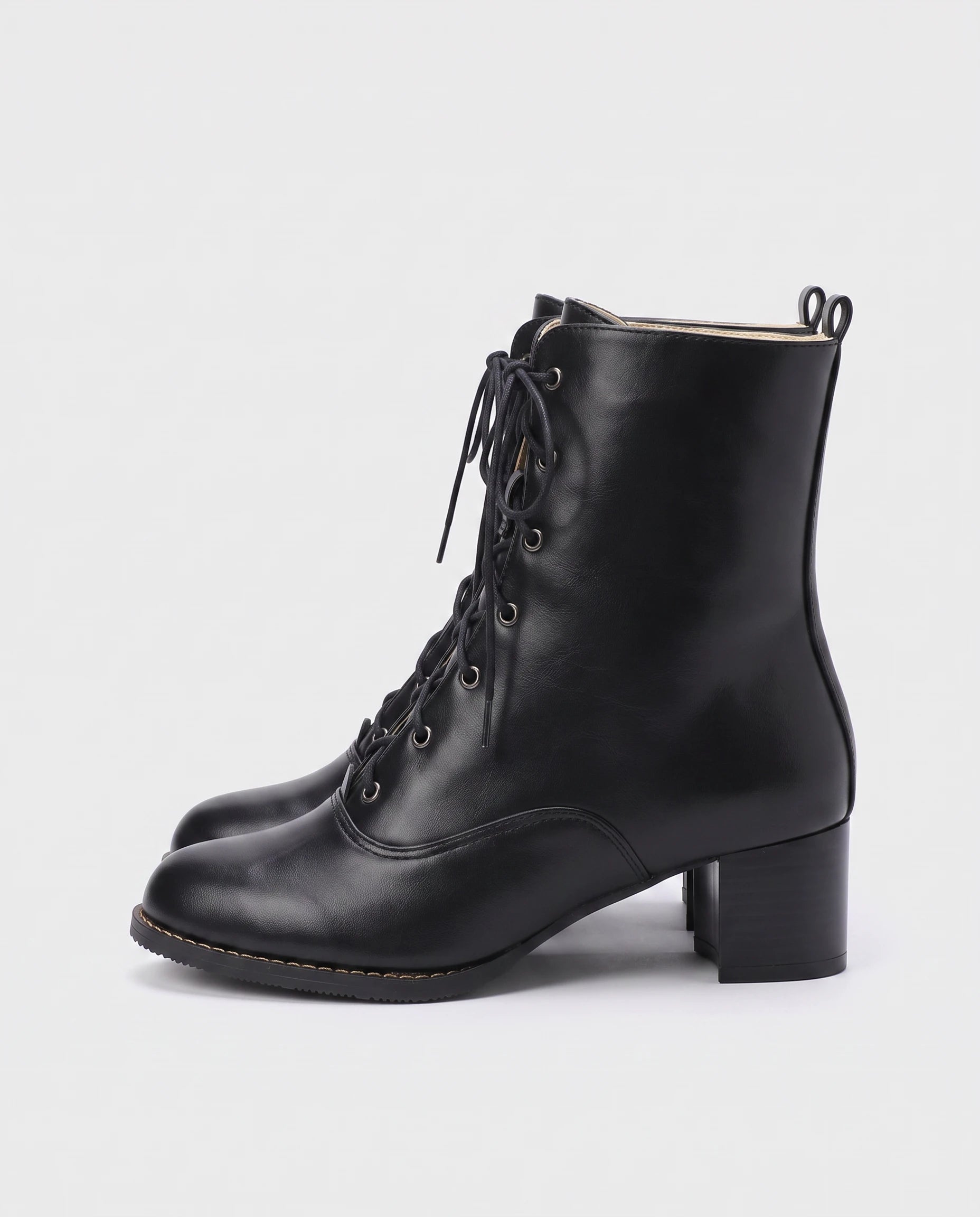 Bottines à lacets à talon effet cuir Alphonsine — Noir, vue de profil, talon carré et trépointe surpiquée