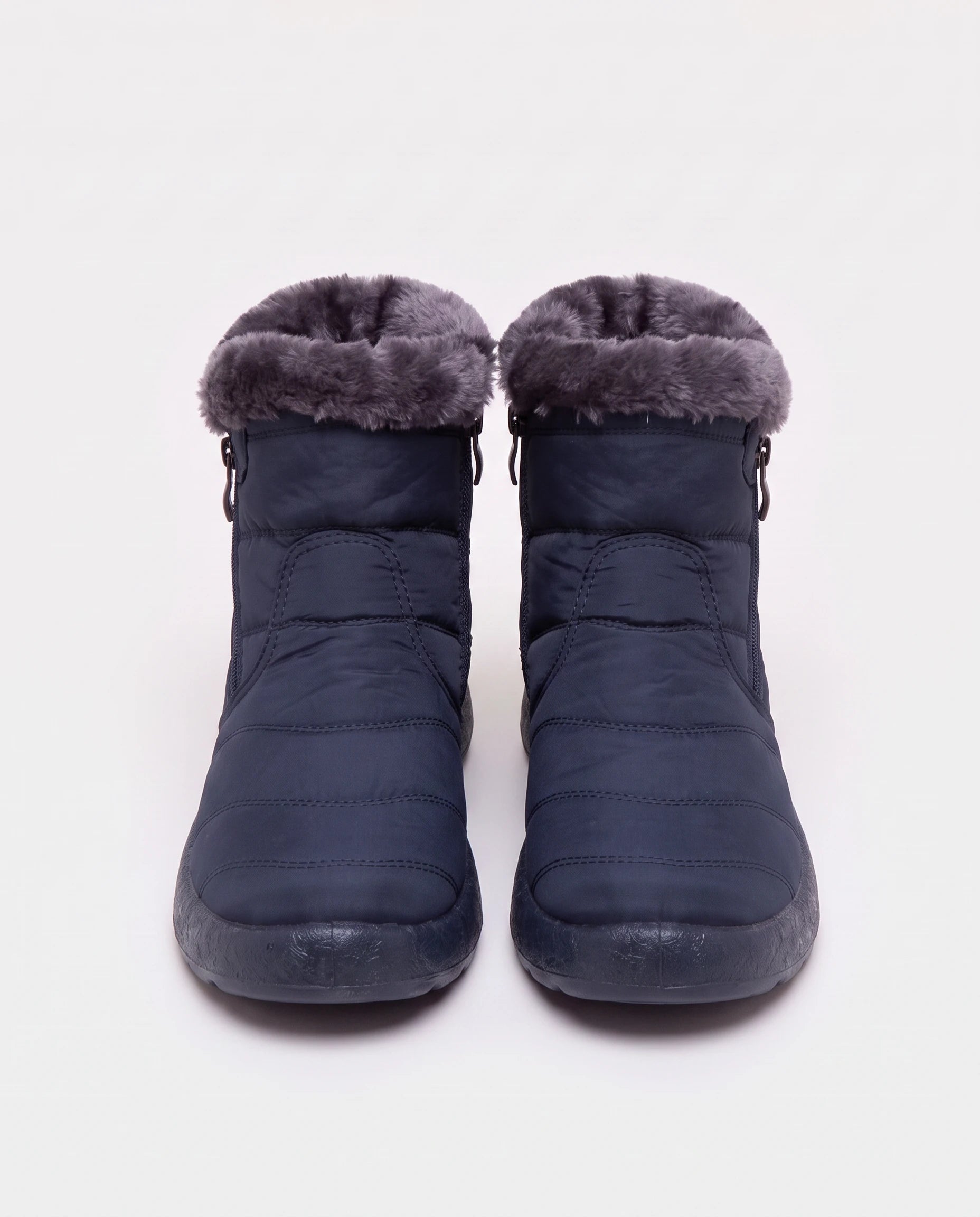 Bottines de neige fourrées Noëlle — Bleu Marine, paire vue de face, col fausse fourrure replié