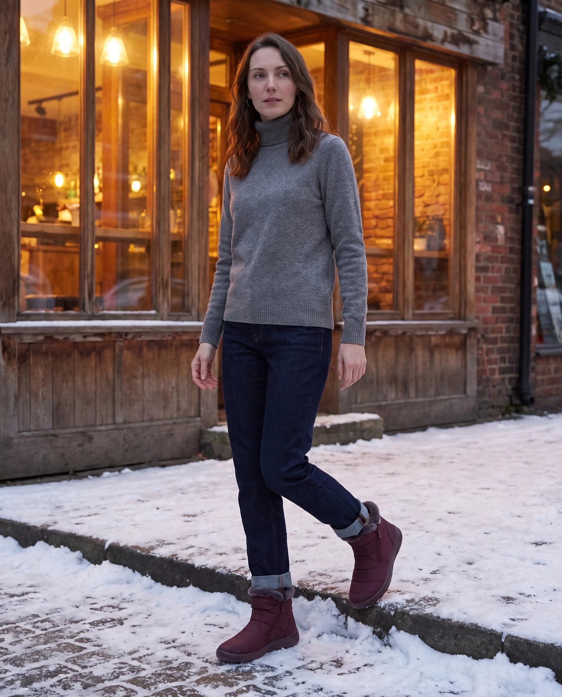 Bottines de neige fourrées Noëlle — Bordeaux, portées devant la devanture d'un café en hiver