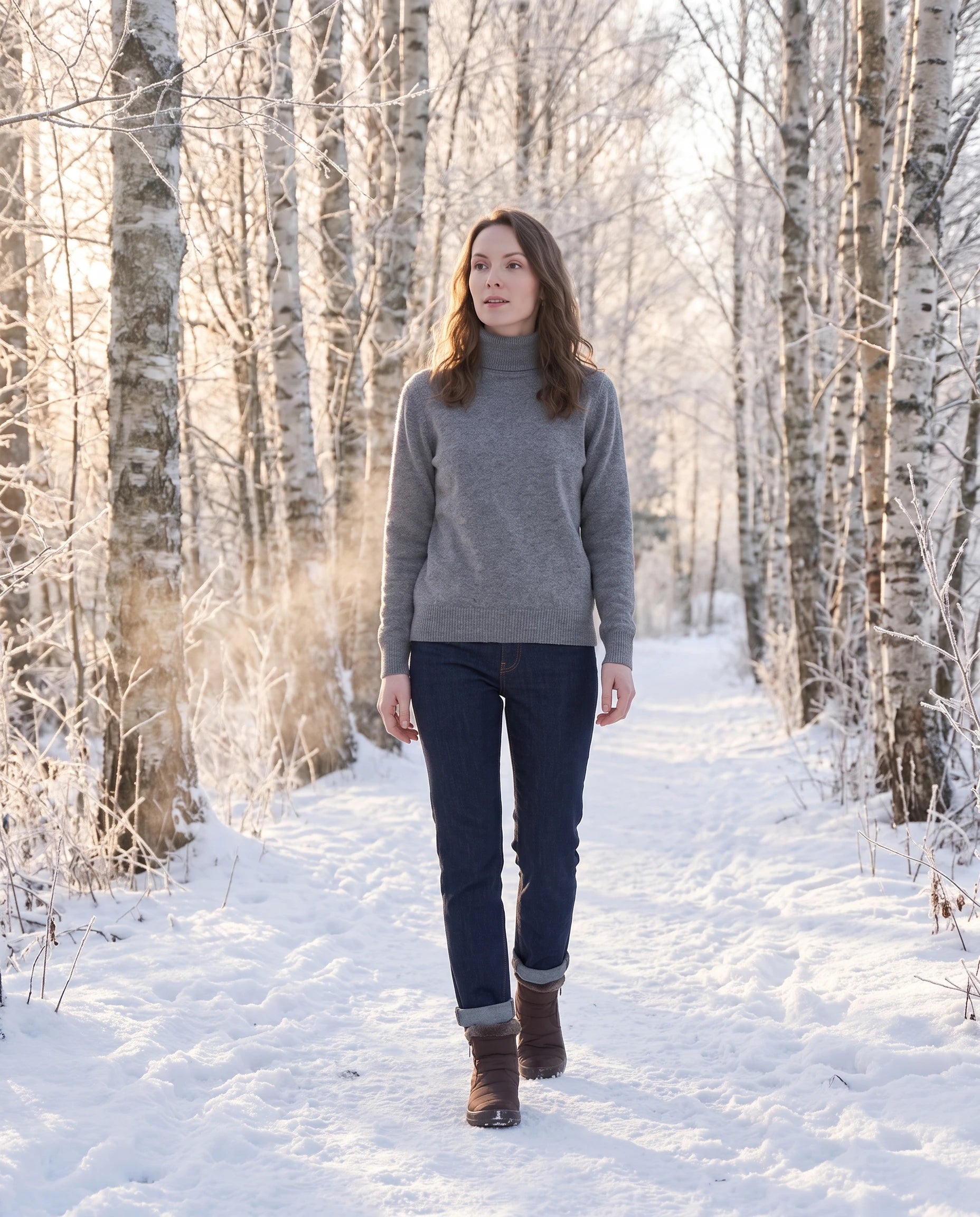 Bottines de neige fourrées Noëlle — Chocolat, portées sur un sentier forestier givré