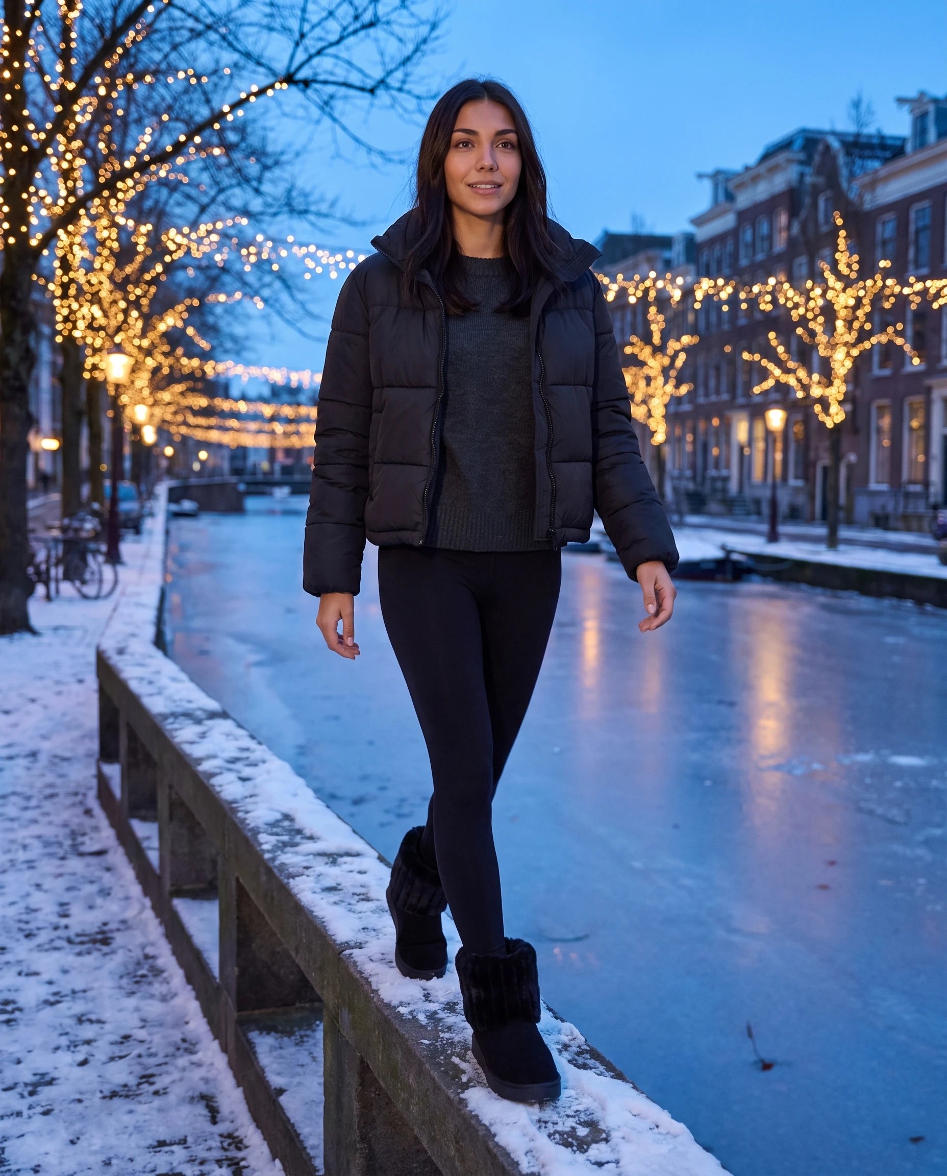 Bottines de neige à col fourrure et plateforme Yolène — Noir, portées en situation hivernale