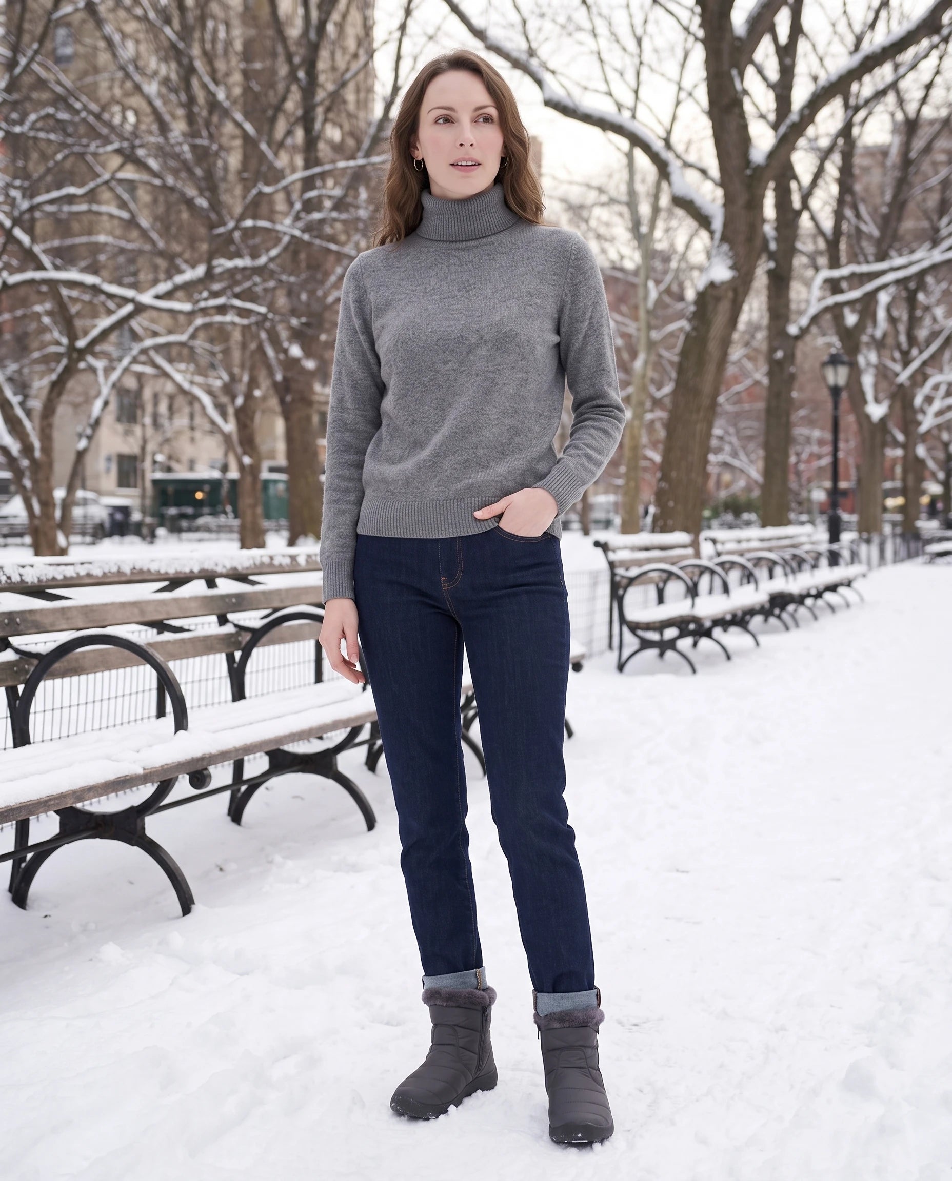 Bottines de neige fourrées Noëlle — Gris Anthracite, portées dans un parc enneigé