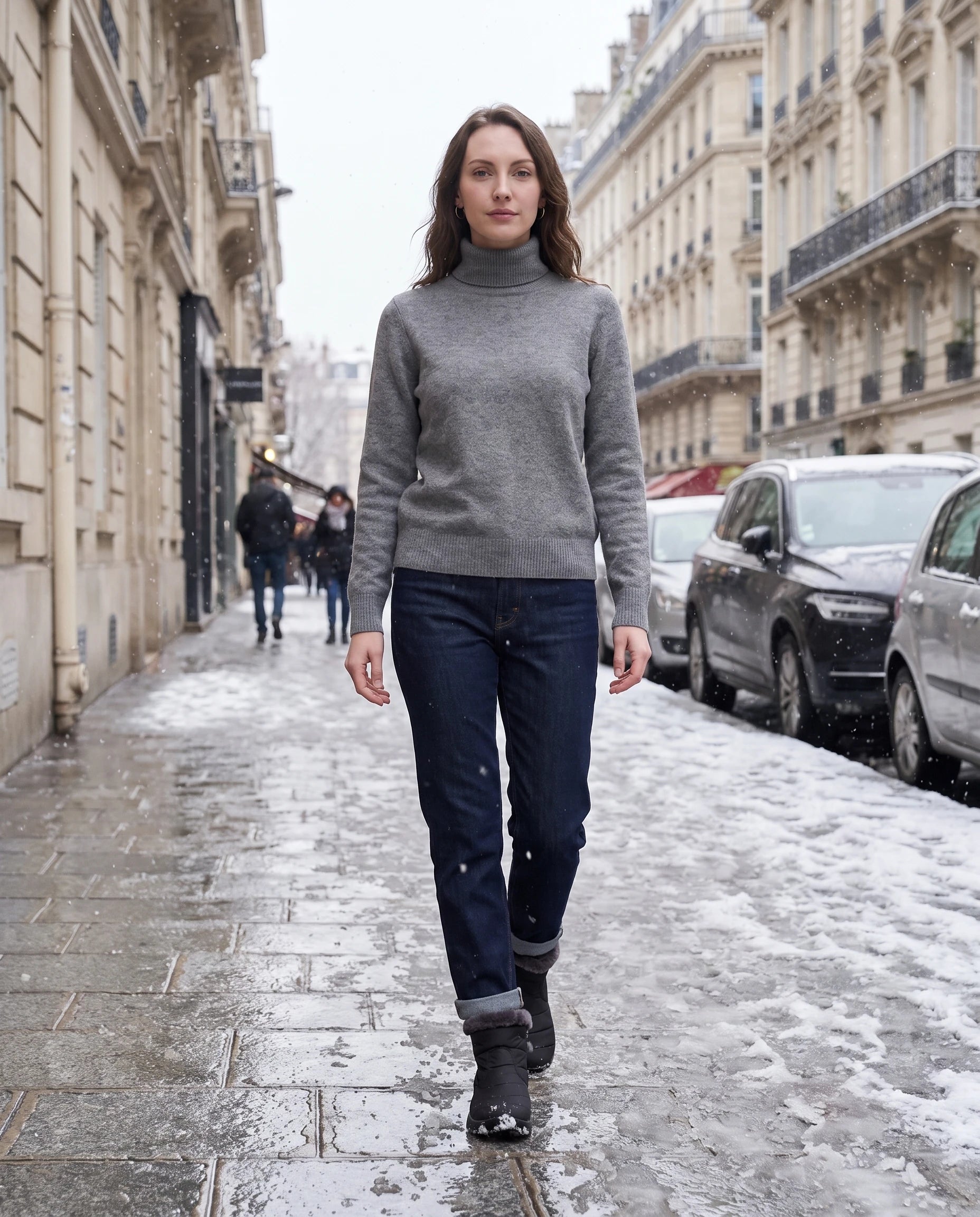 Bottines de neige fourrées Noëlle — Noir, portées dans une rue parisienne enneigée