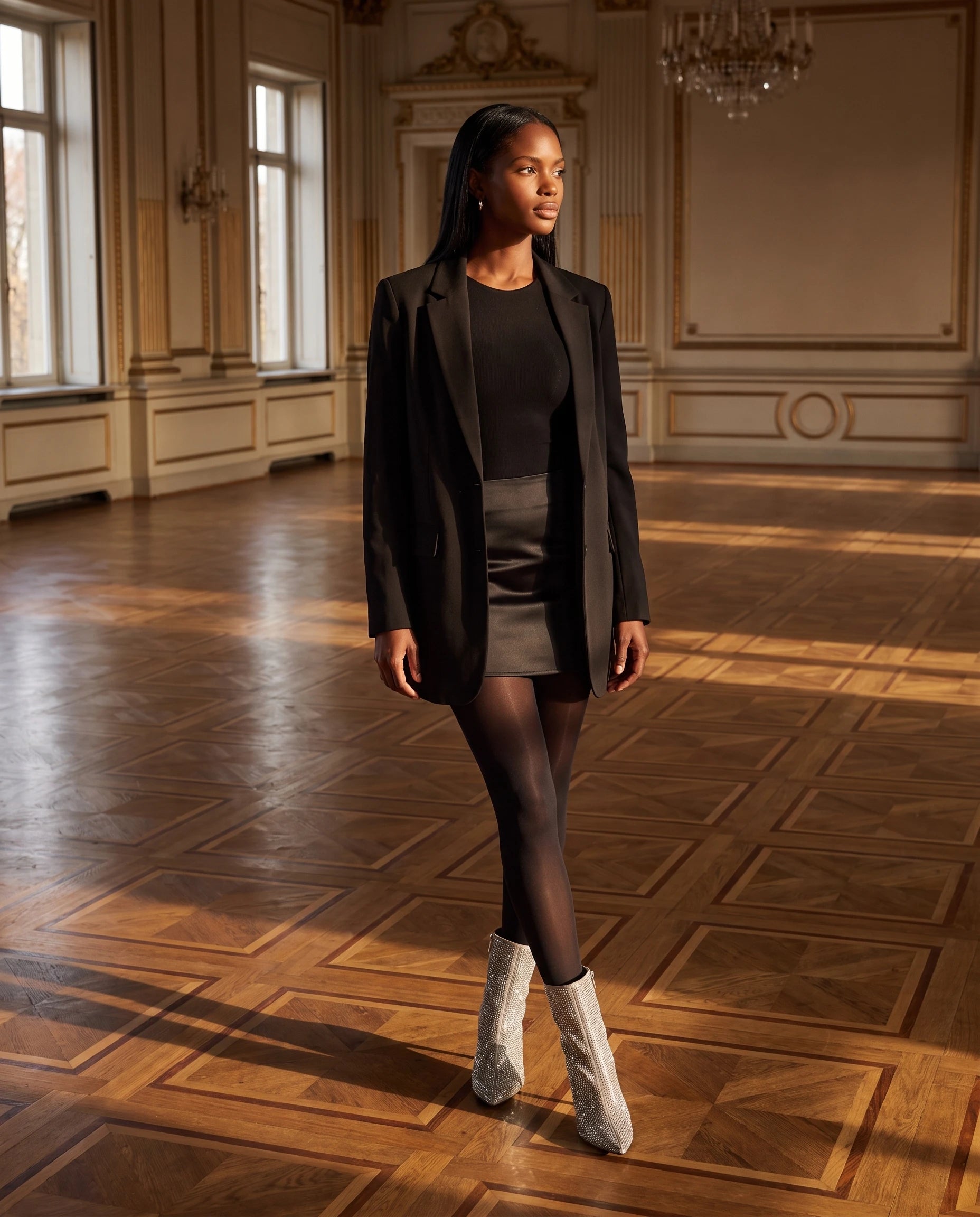 Bottines à strass à talon aiguille Perrette — Argent, portées dans une salle de bal au parquet marqueté