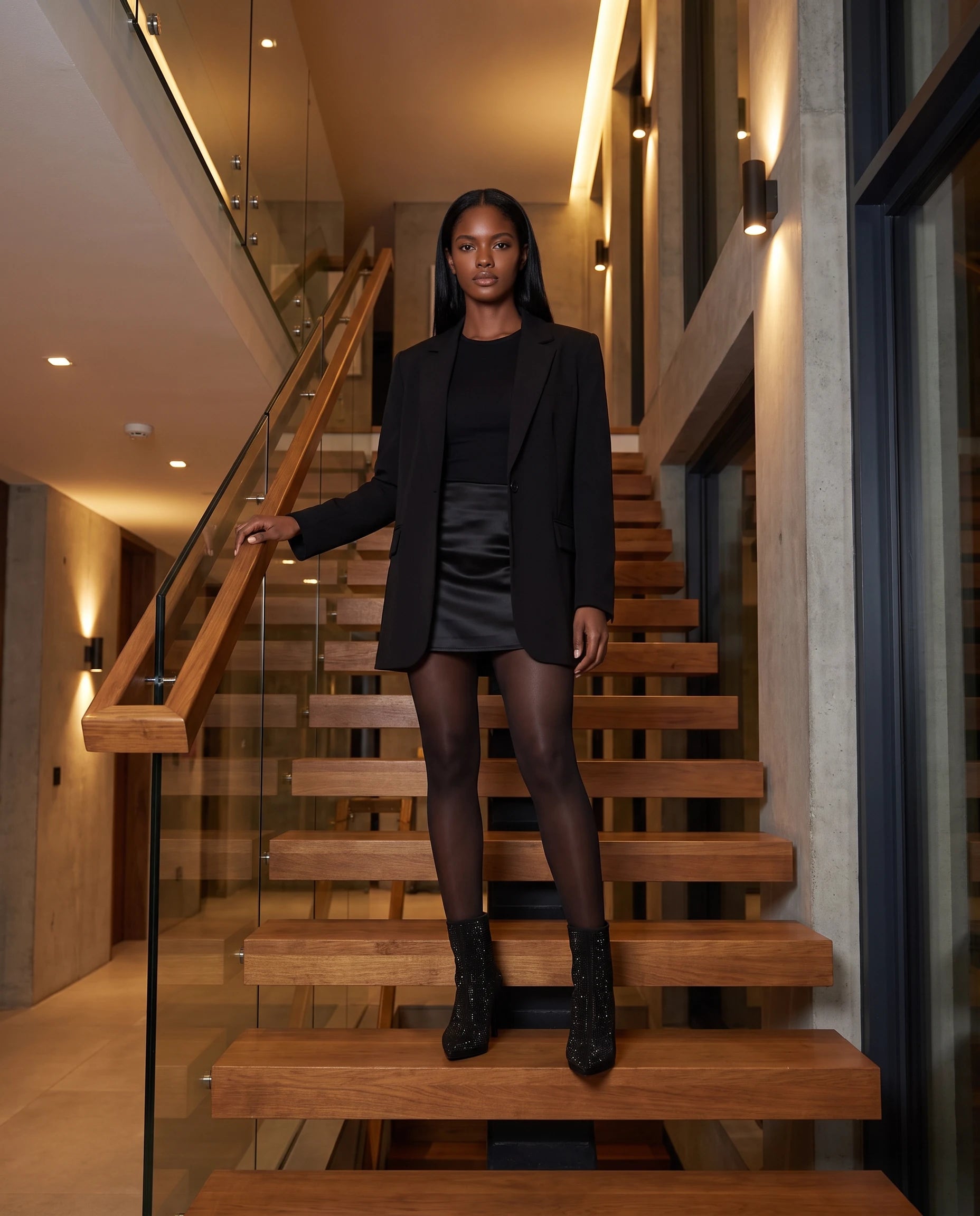 Bottines à strass à talon aiguille Perrette — Noir, portées dans l'escalier d'une villa contemporaine