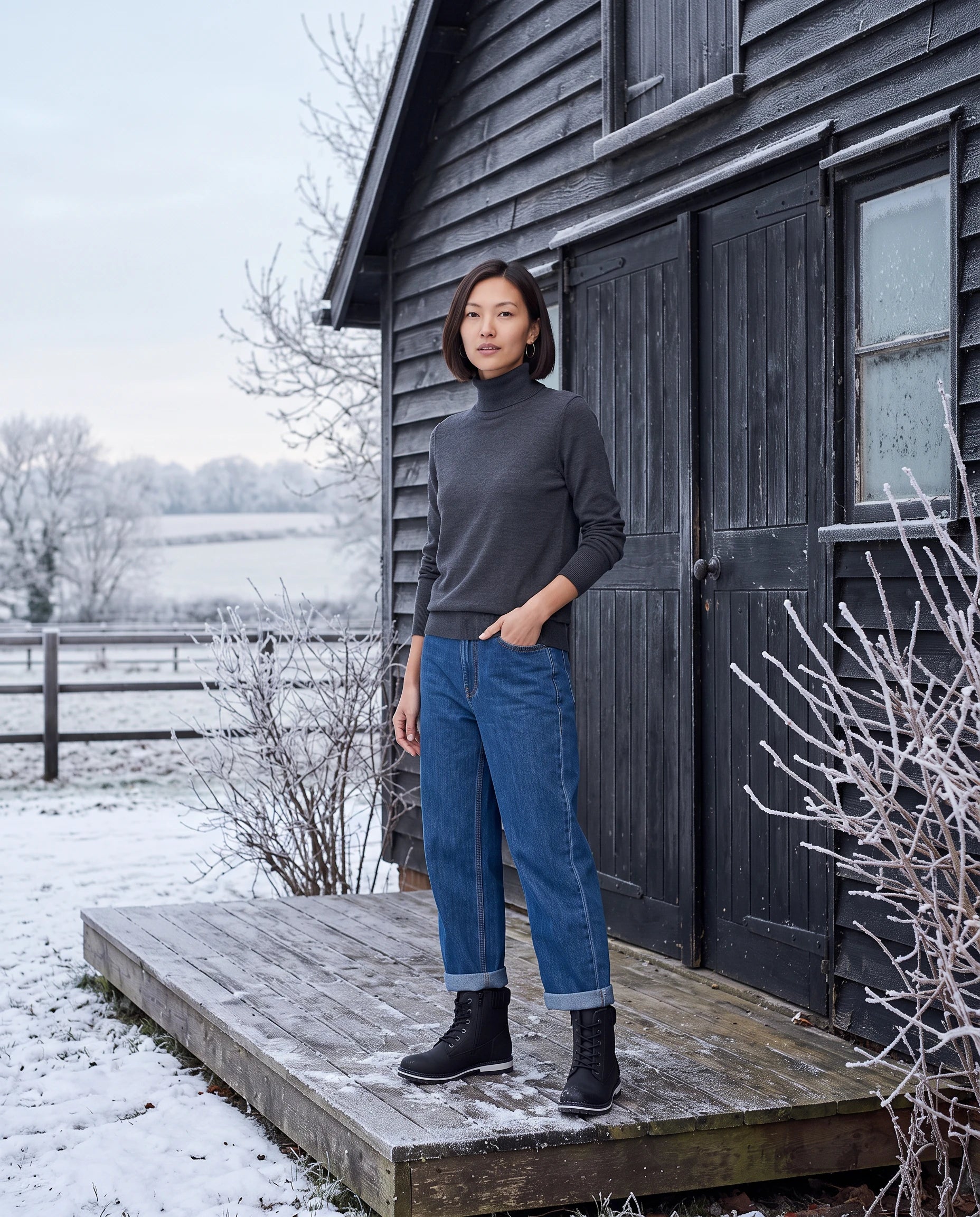 Bottines worker fourrées à col en peluche Frédérique — Noir, portées devant une grange en bardage noir sous le givre