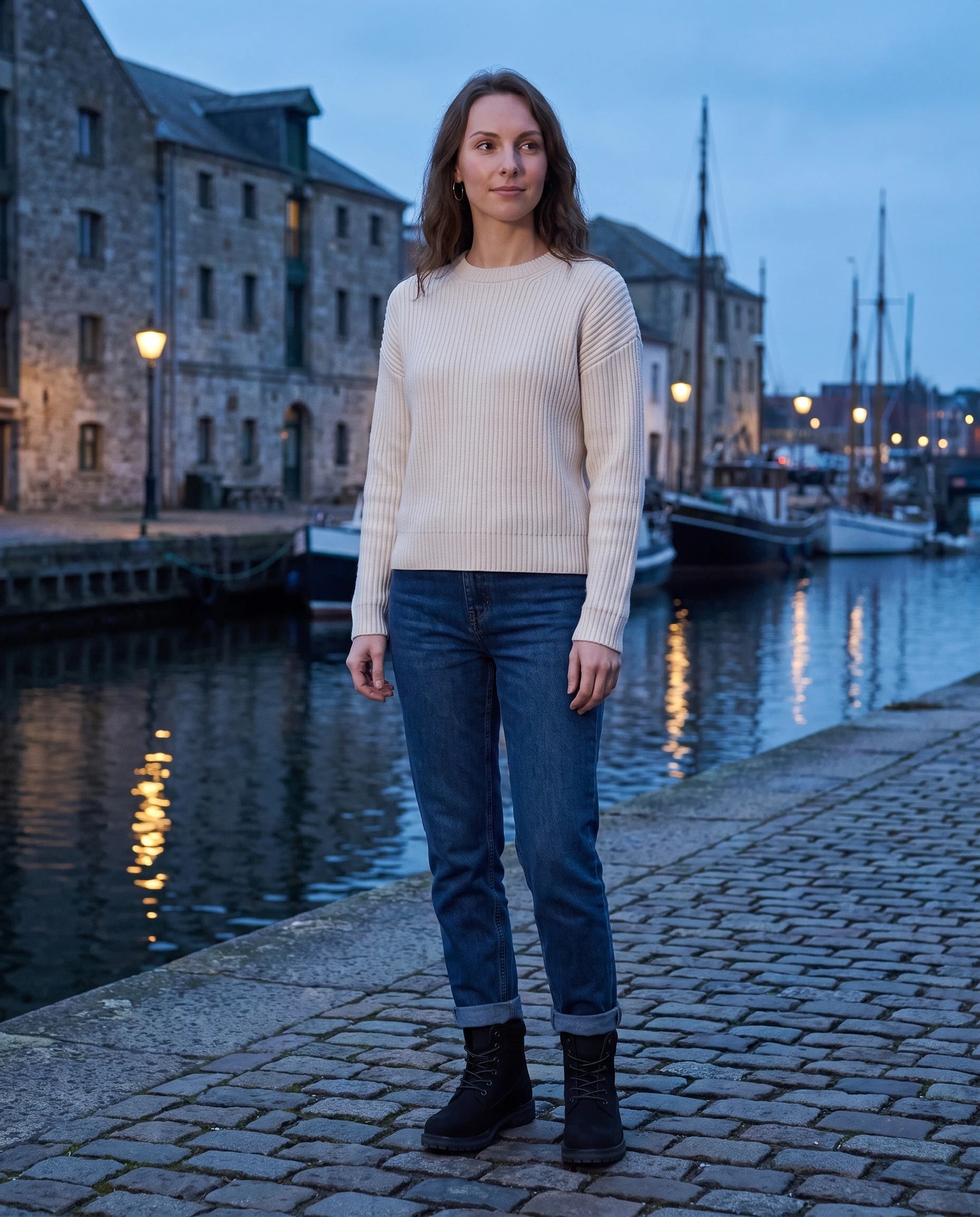 Bottines worker plates à lacets effet cuir Lisette — Noir, portées sur un quai de canal pavé au crépuscule
