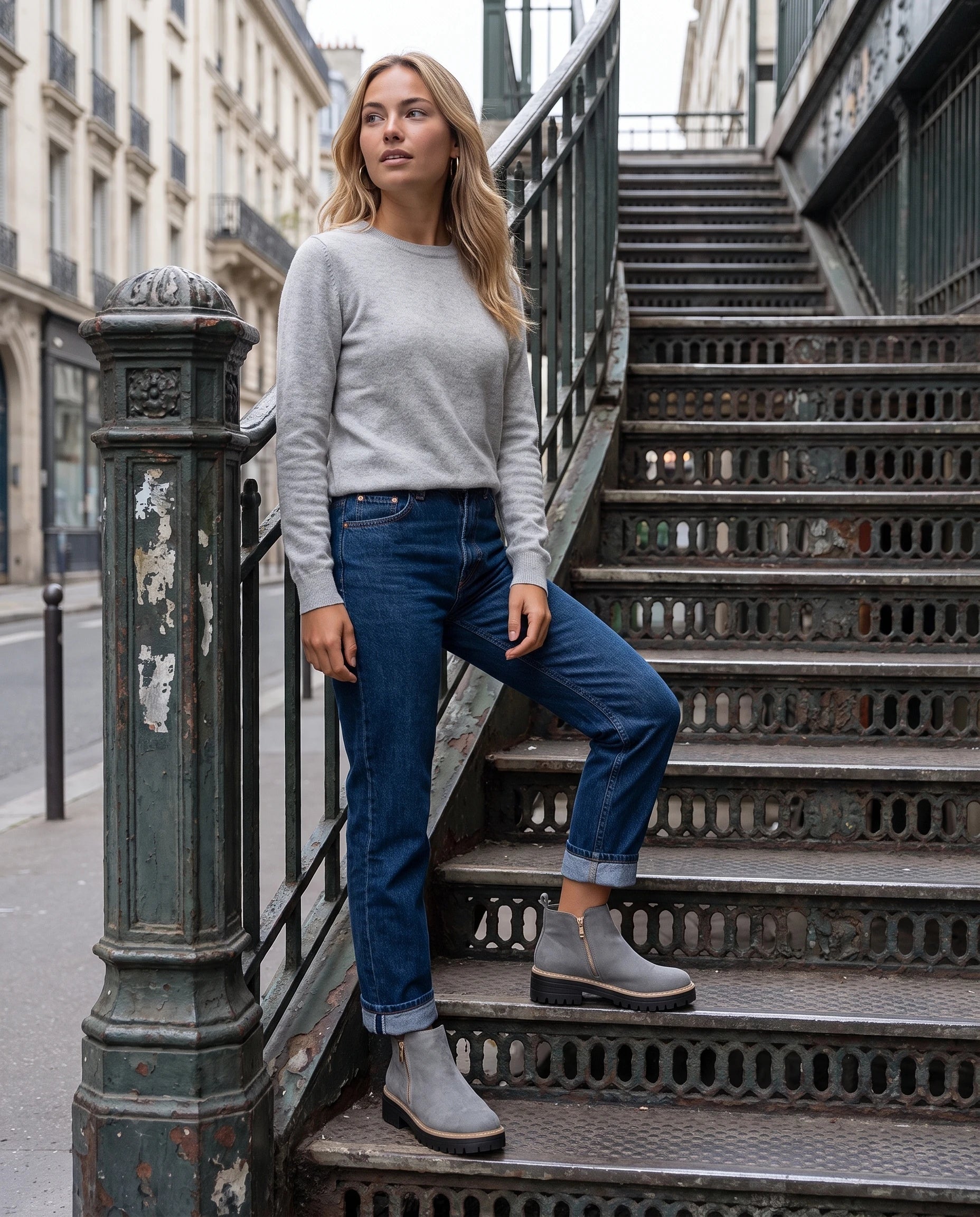 Bottines à zip latéral en suédine Félicité — Gris, portées sur un escalier de métro en fonte