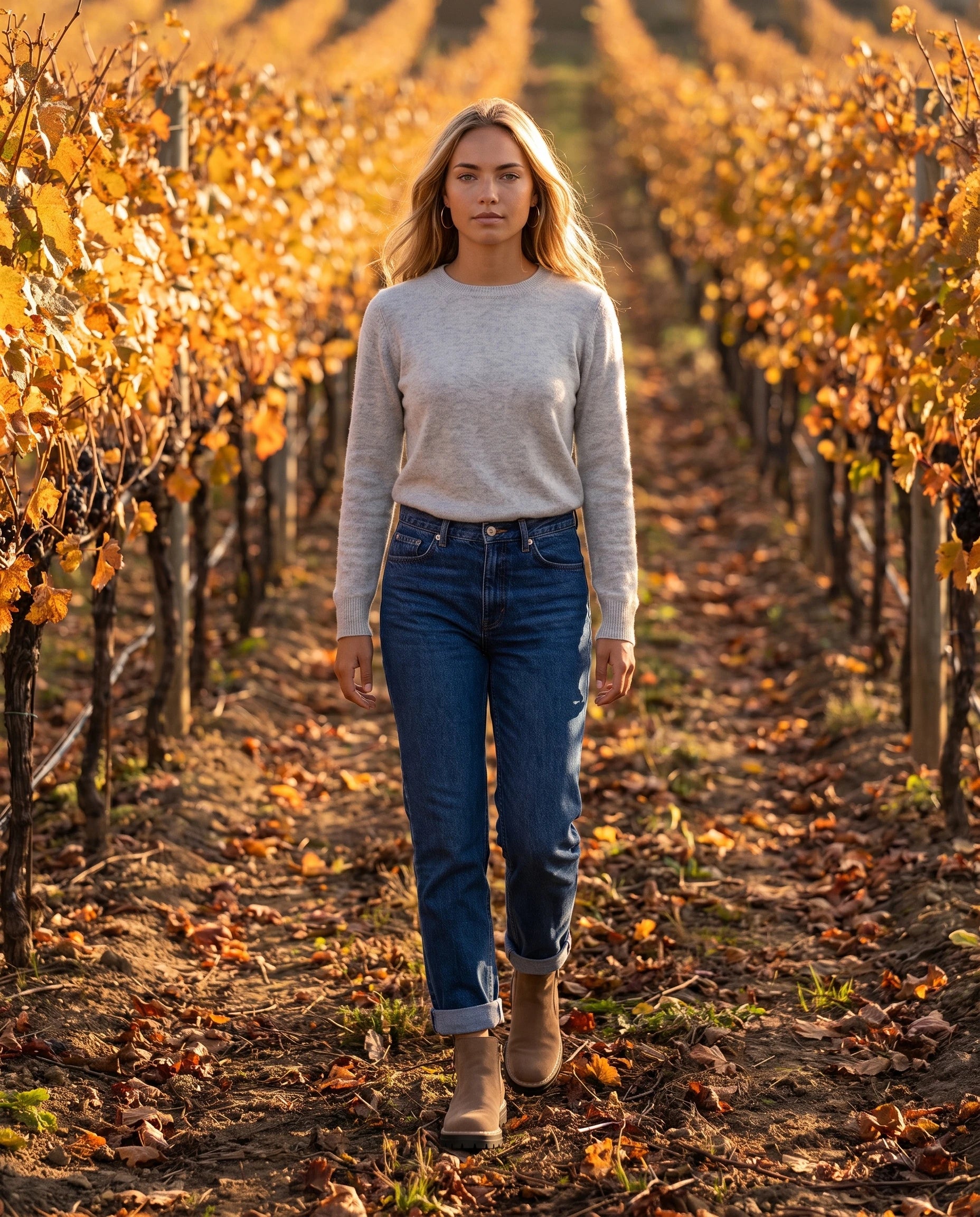Bottines à zip latéral en suédine Félicité — Noisette, portées dans une allée de vignes en automne