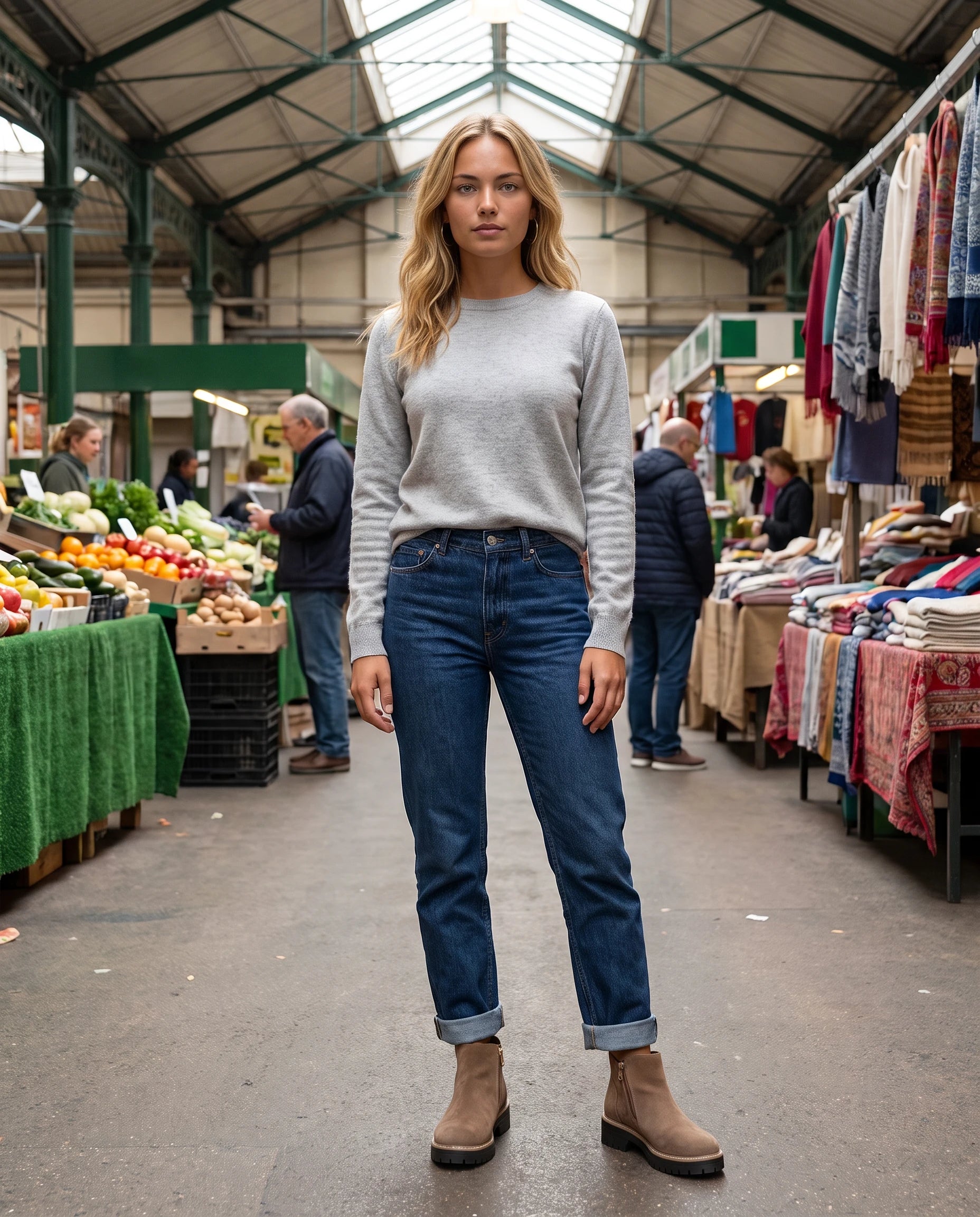 Bottines à zip latéral en suédine Félicité — Noisette, portées dans une halle de marché couverte