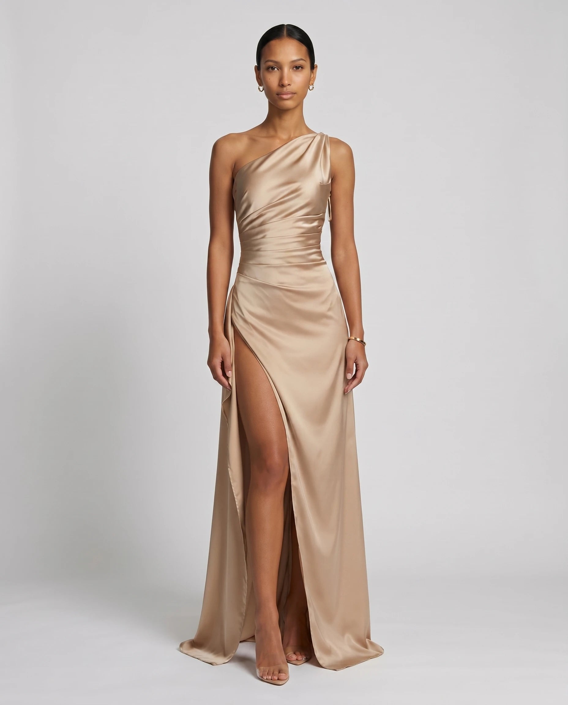 Robe longue en satin une epaule - Champagne - Ines